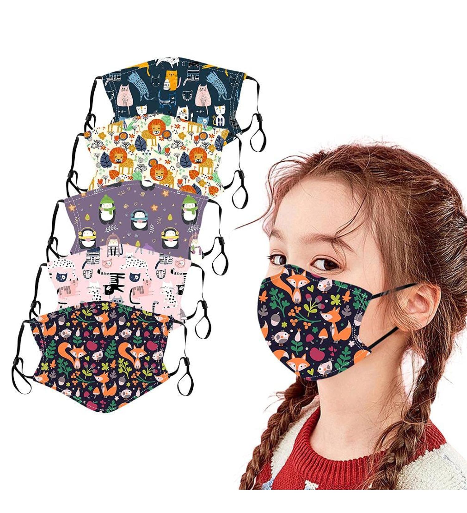 5PC Kids Face_Masks Washable Cute Printed Cloth Face Mask for Kids Girls Boys Cotton Masks for Children Face Cover Protection - Buy Online on GoSupps.com