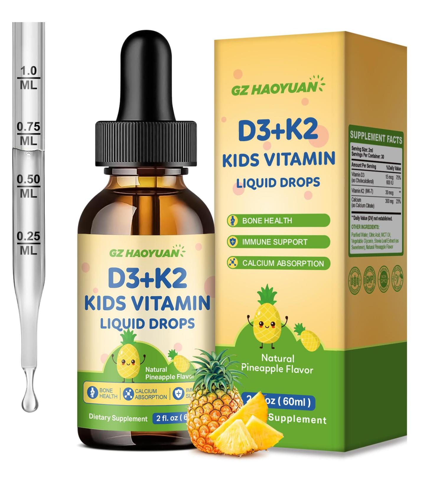 GZ HAOYUAN Kids Vitamin D3 K2 Drops Vitamin D3 K2 (MK-7) Supplement with Calcium for Kids & Adults - Support Healthy Bones & Teeth Calcium Absorption & Immunity Sugar Free Pineapple Flavor 2 FL OZ - Buy Online on GoSupps.com