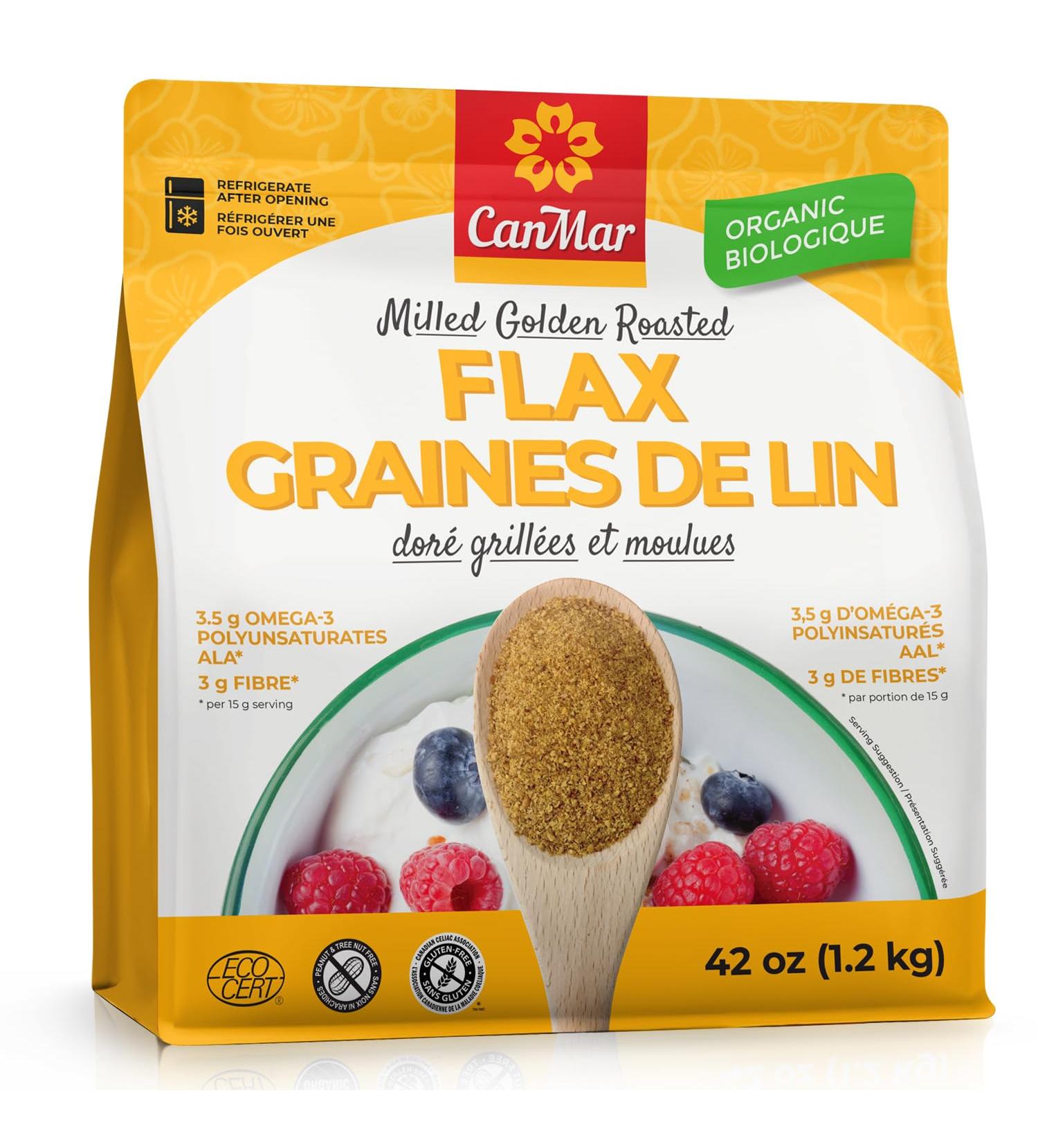 CanMar Ground Milled Golden Roasted Organic Flax Seed (1.2 Kg) Vegan Organic Flaxseed Ground - Non-GMO Gluten Free - Organic Flax Seeds - Ground Flaxseed Meal with Omega-3 Fiber - Linseed Flax Powder - Buy Online on GoSupps.com