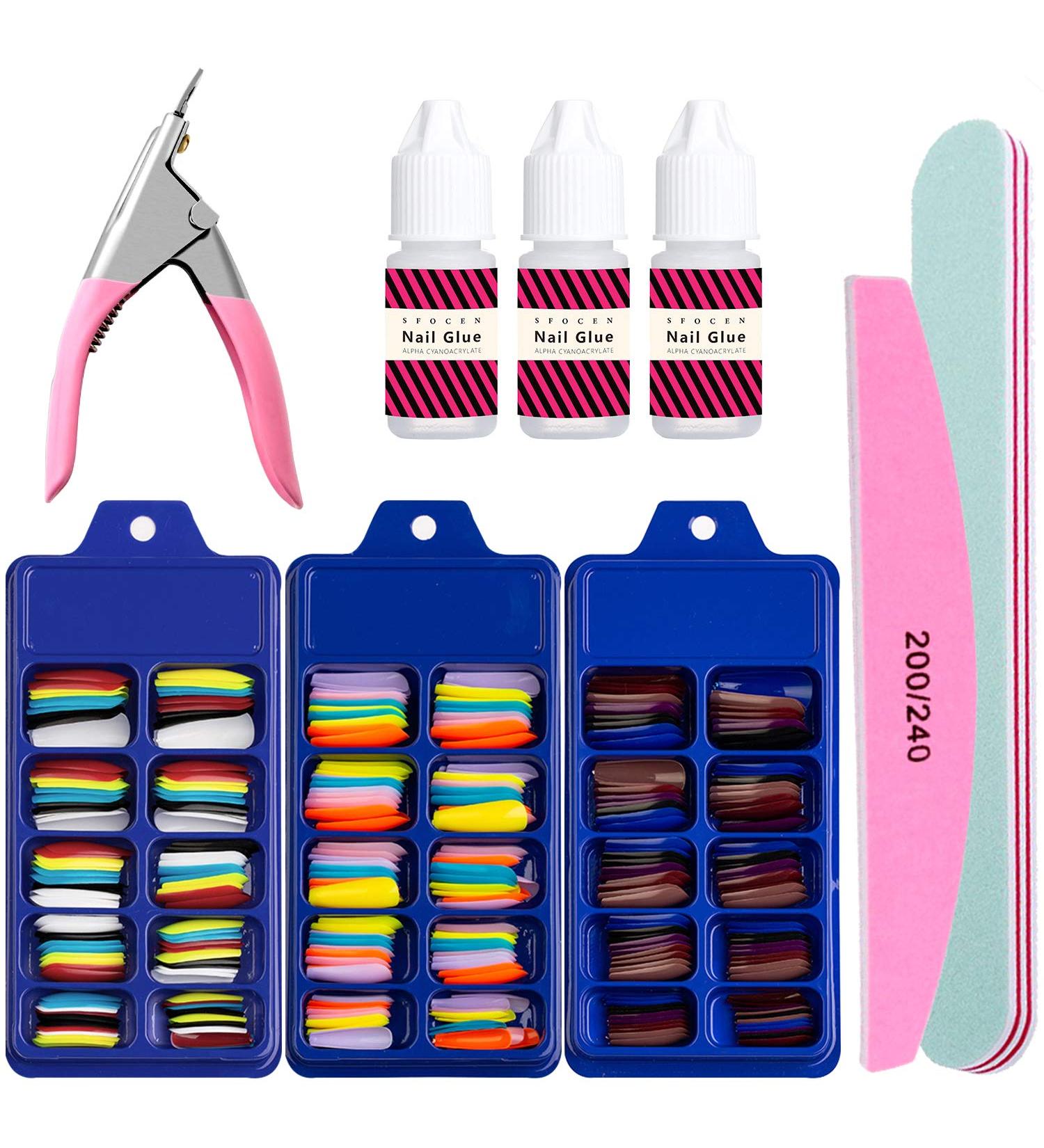 300PCS Colorful Fake Acrylic Nail Tips Kit with Nail Glue - Coffin & Stiletto False Nails Set for Professional Nail Art - Brown Blue Shades with Clipper and Buffer - Buy Online on GoSupps.com