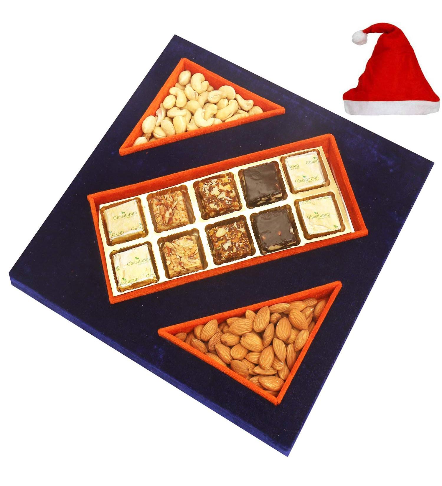 Ghasitaram Gifts Christmas Gifts - Blue Velvet Tray of Assorted Bites 250 GMS Almonds 100 GMS and Cashew 100 GMS Pouches Tray of Assorted Bites Almonds and Cashew - Buy Online on GoSupps.com