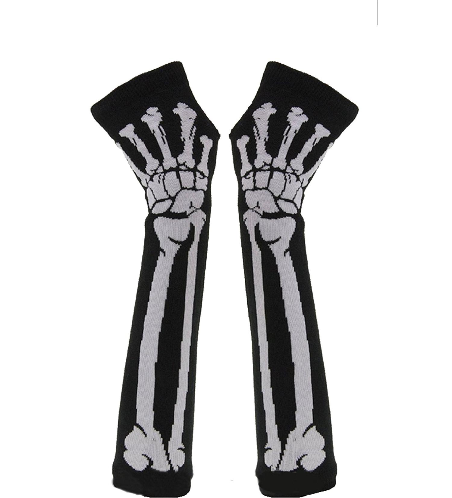 Butterme What Fashion Women Winter Warm Knitted Skeleton Bone Long Fingerless Gloves (Black)