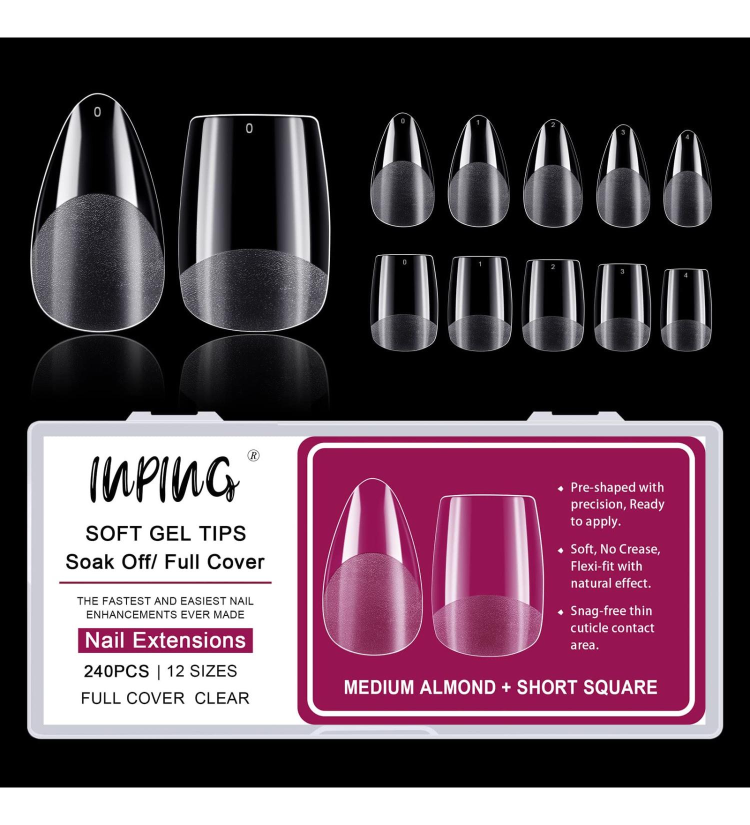 INPING Soft Gel Full Cover Nail Tips 240PCS Medium Almond + Short Square Clear Gel Nails Tip Extensions - Break Resistant Pre-Shaped Mix Acrylic Fake Nails - French Manicure - 12 Sizes - Buy Online on GoSupps.com