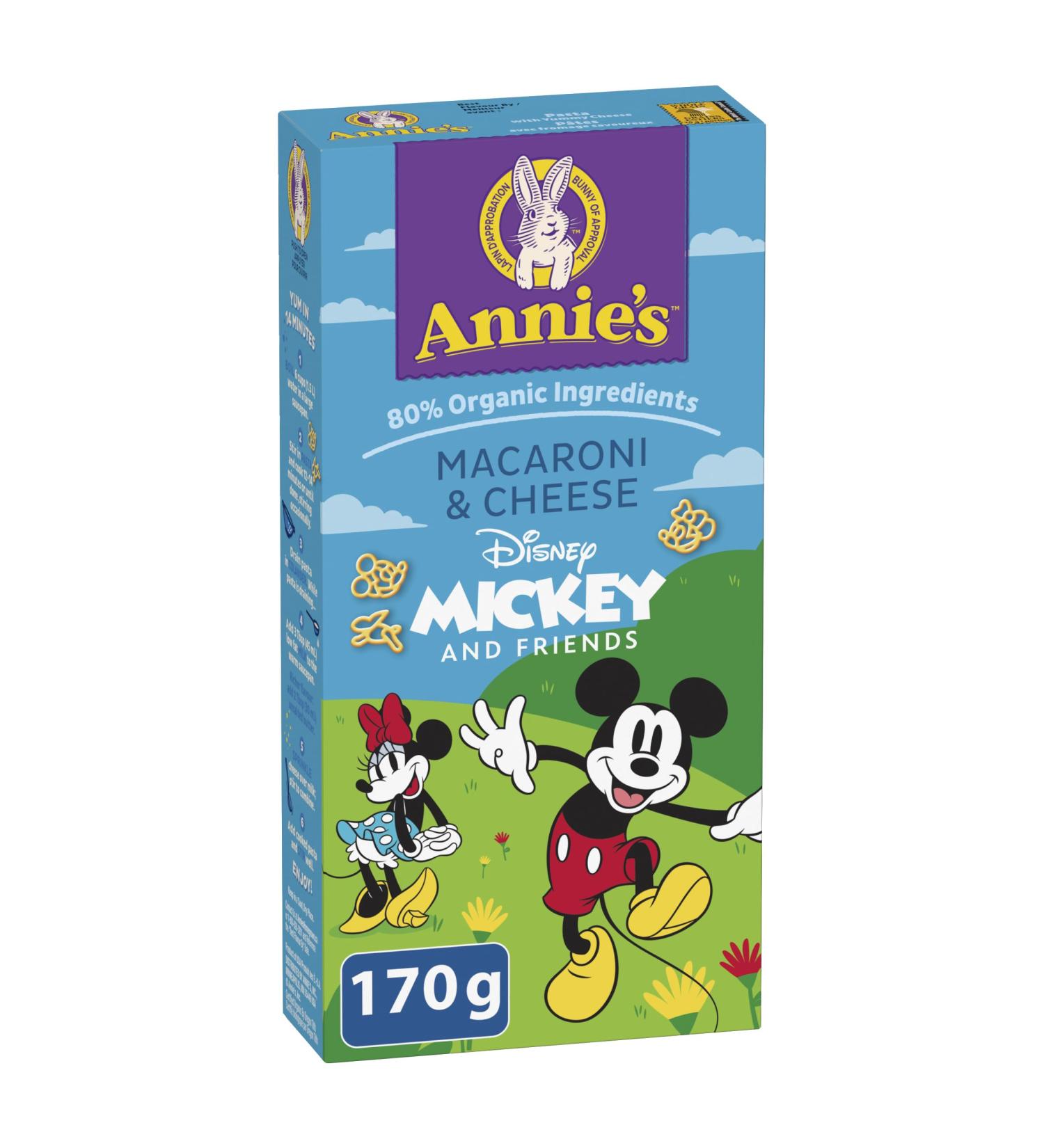 ANNIE'S - MACARONI AND CHEESE Disney Mickey and Friends No Artificial Flavours or Synthetic Colours Contains Real Cheese and Milk Ingredients 80% Organic Ingredients 170 Grams Package - Buy Online on GoSupps.com