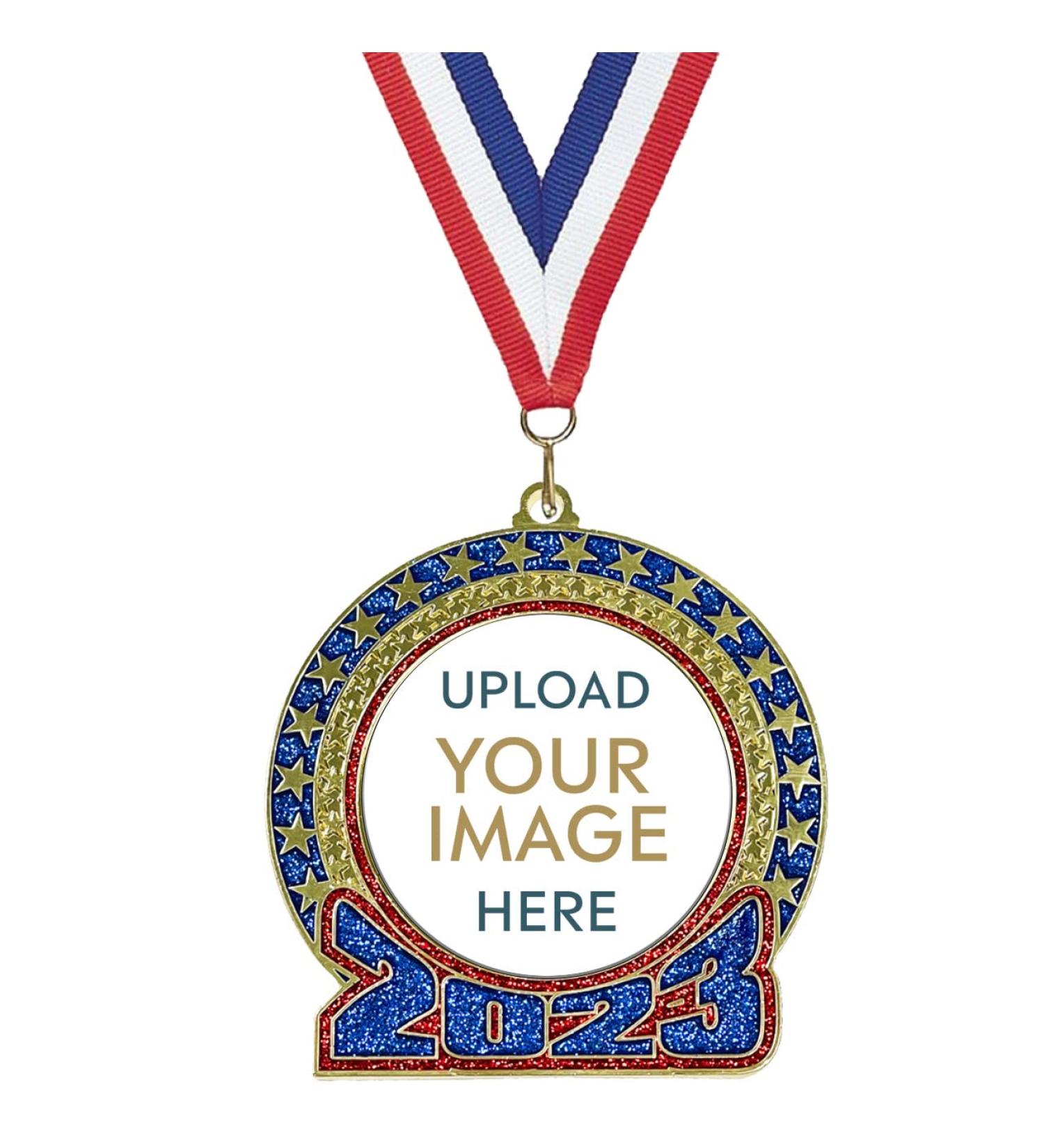 K2AWARDS 2023 Custom Glitter Medal - Custom Engraved Medal with Photograph or Logo Sticker with Red White and Blue Ribbon Attached