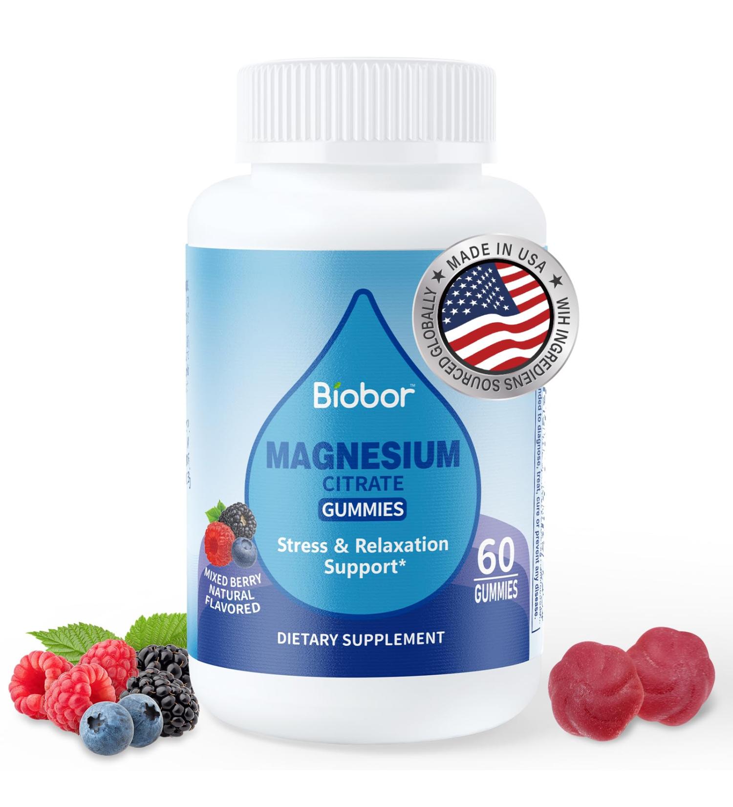 Biobor Magnesium Citrate Gummies 200mg for Adults High Absorption Magnesium Supplement for Leg Cramps Stress Relaxation Muscle Health No Artificial Colors or Flavors Gluten Free Vegetarian - Buy Online on GoSupps.com