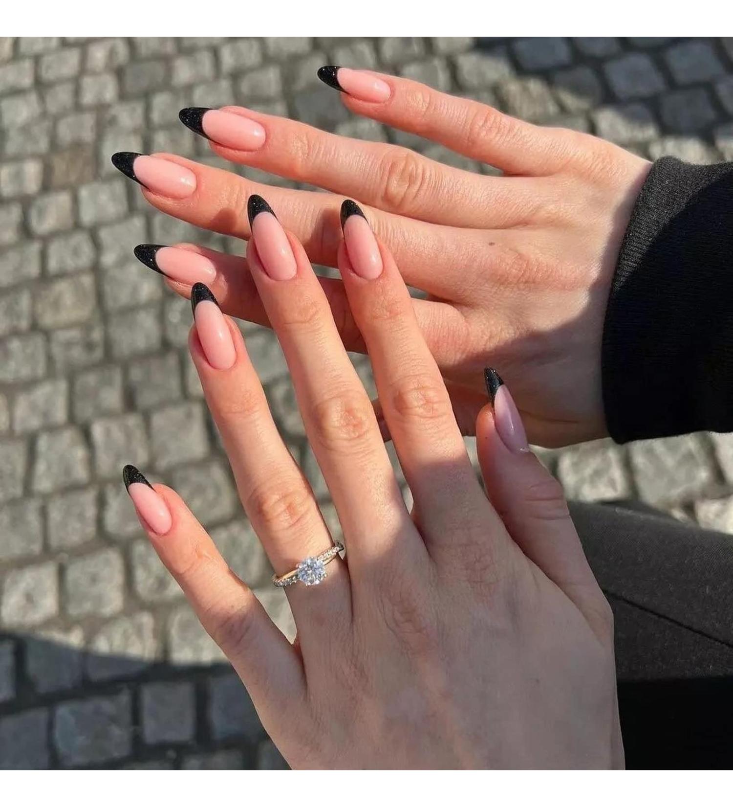 Almond False Nails Short 24Pcs in Black French Design - Elegant Stick on Nails for Women and Girls - Buy Online on GoSupps.com