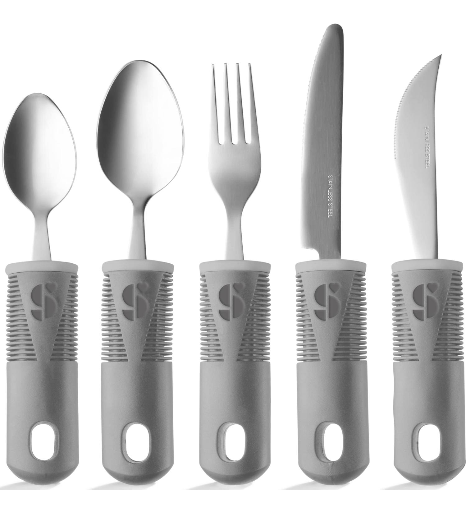 Special Supplies Adaptive Utensils 5-Piece Kitchen Set - Wide Non-Weighted Non-Slip Handles for Hand Tremors, Arthritis, Parkinson's or Elderly Use - Stainless Steel Knives, Fork, Spoons - Grey - Buy Online on GoSupps.com