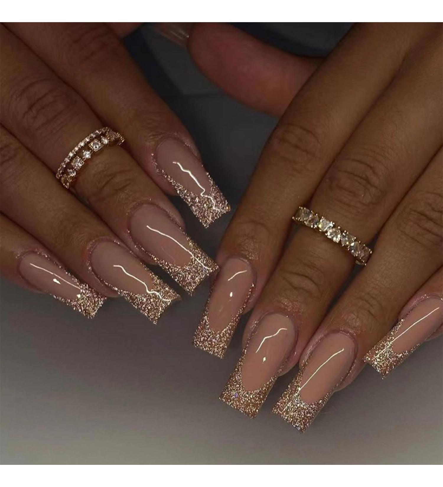 24pcs Long Coffin Glitter Gold Tip Stick on Nails - French Nude Press on Nails for Women & Girls - Removable & Fake Nail Art Accessories | 0252Y89 - Buy Online on GoSupps.com