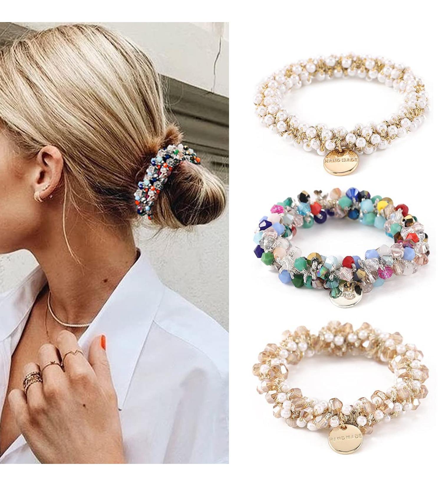 Brinie White Crystal Hair Ties - 3 Pack Elastic Scrunchies with Pearls for Women & Girls - Buy Online on GoSupps.com