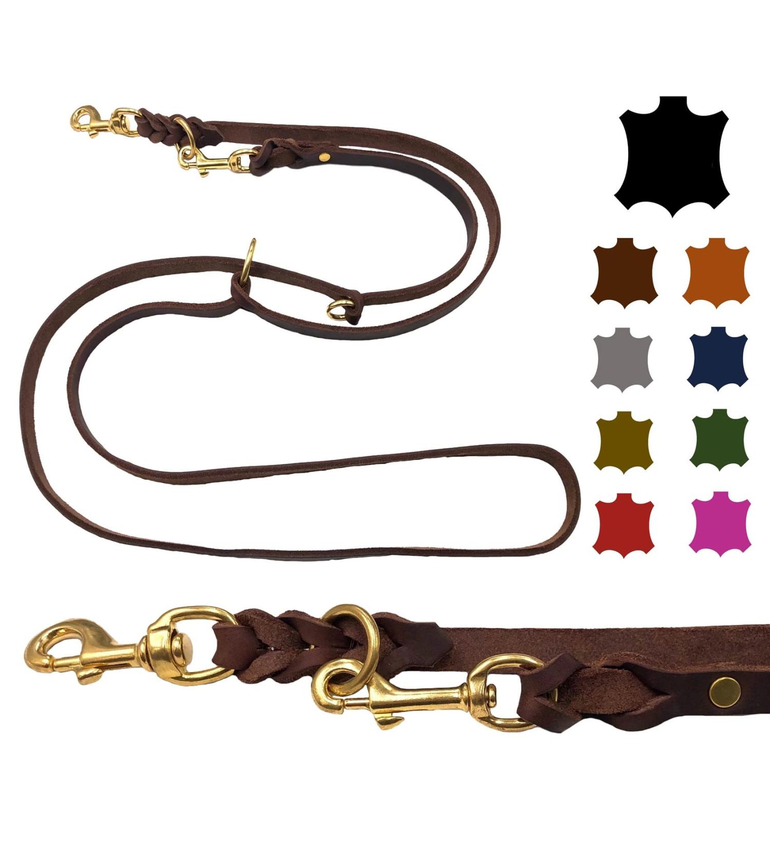 Dogeleine Adjustable Double Linen Dog Leash - Fat Leather Brass for Small & Large Dogs | 2m to 5m Lengths - Dark Brown - Buy Online on GoSupps.com
