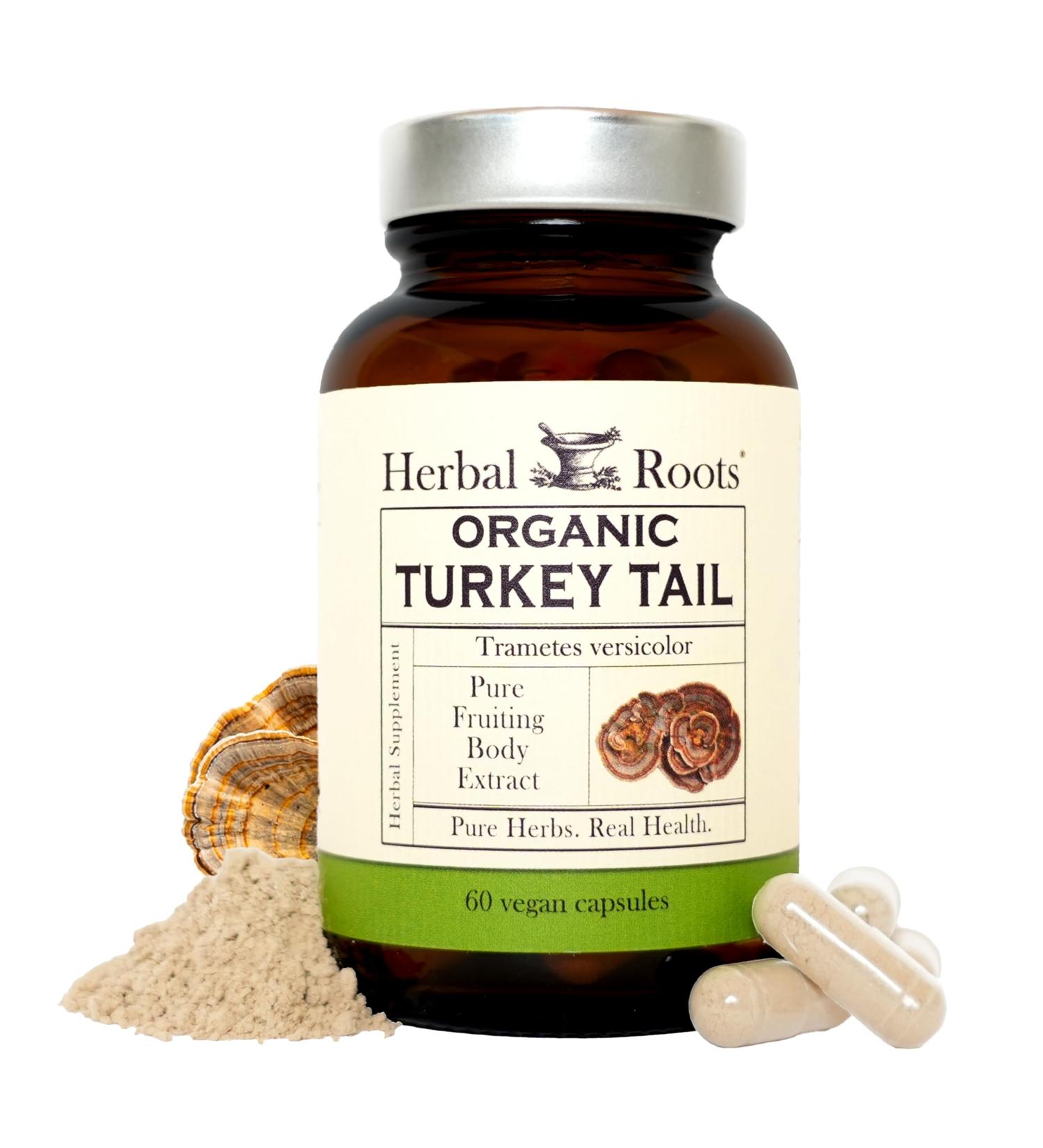Herbal Roots Organic Turkey Tail Mushroom Supplement - Fruiting Bodies Extract - Immune Support - 60 Vegan Non GMO Capsules - Buy Online on GoSupps.com