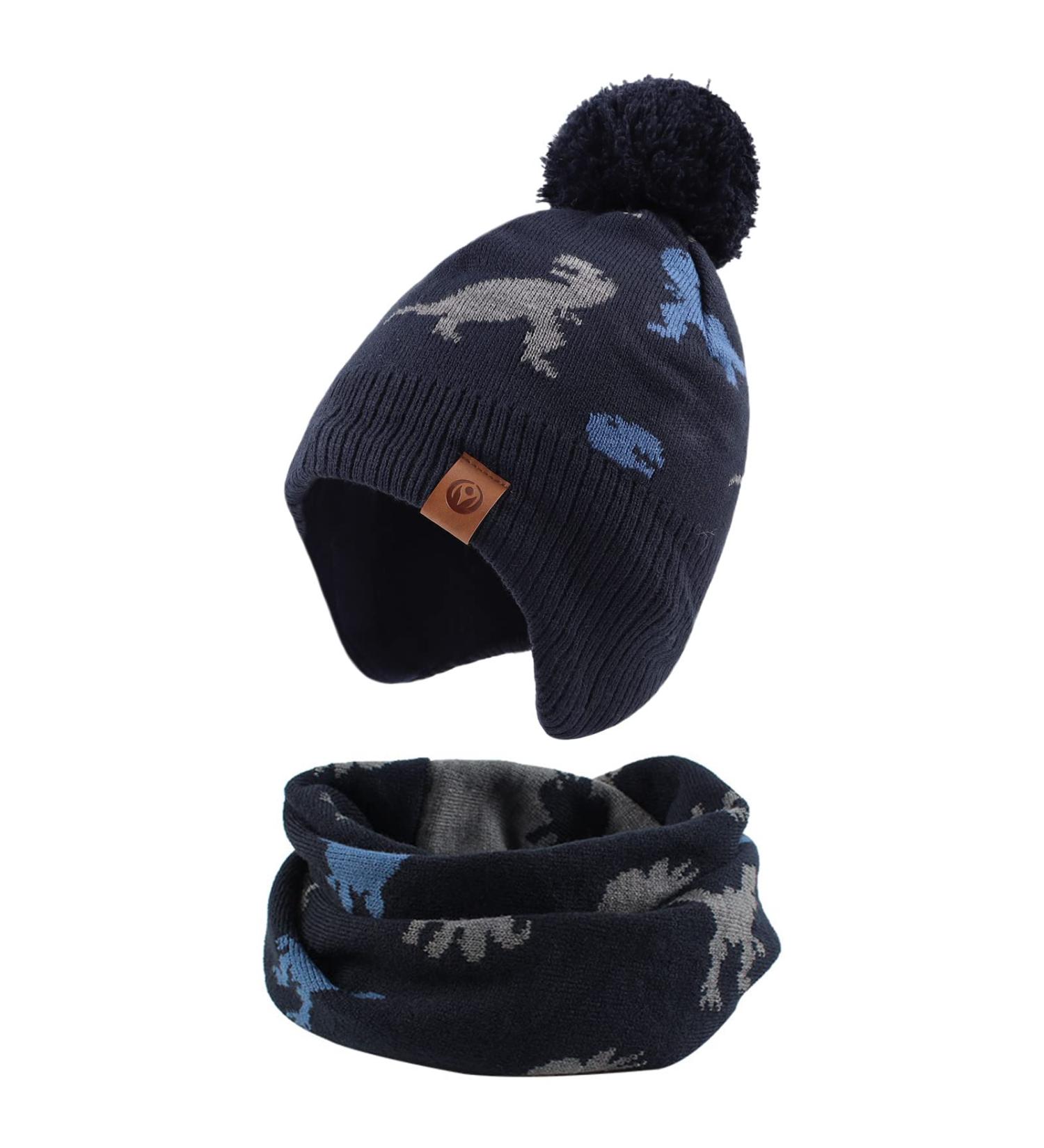 XIAOHAWANG Knitted Baby Hat with Pompom & Scarf Set | Winter Warm Beanie for Boys and Girls 9-24 Months | Fleece Lining Toddler Kids Hat in Navy Dinosaur Design - Buy Online on GoSupps.com