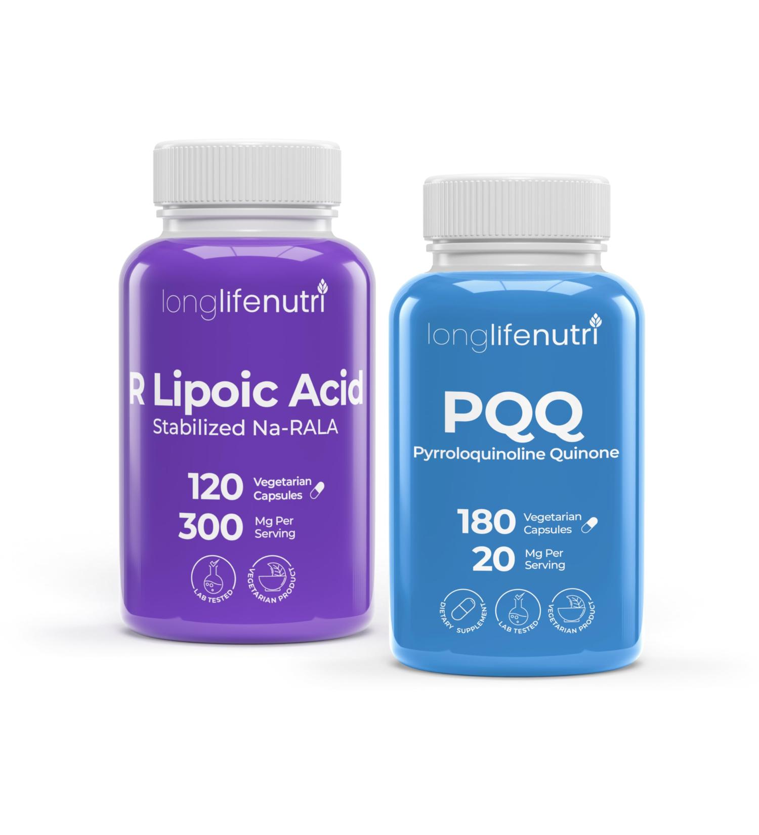 LongLifeNutri R-Alpha Lipoic Acid 300 mg + PQQ 20 mg Bundle - 120-180 Vegetarian Capsules Cellular Energy & Metabollic Function Daily Energy & Mental Performance GMP Certified Made in USA - Buy Online on GoSupps.com