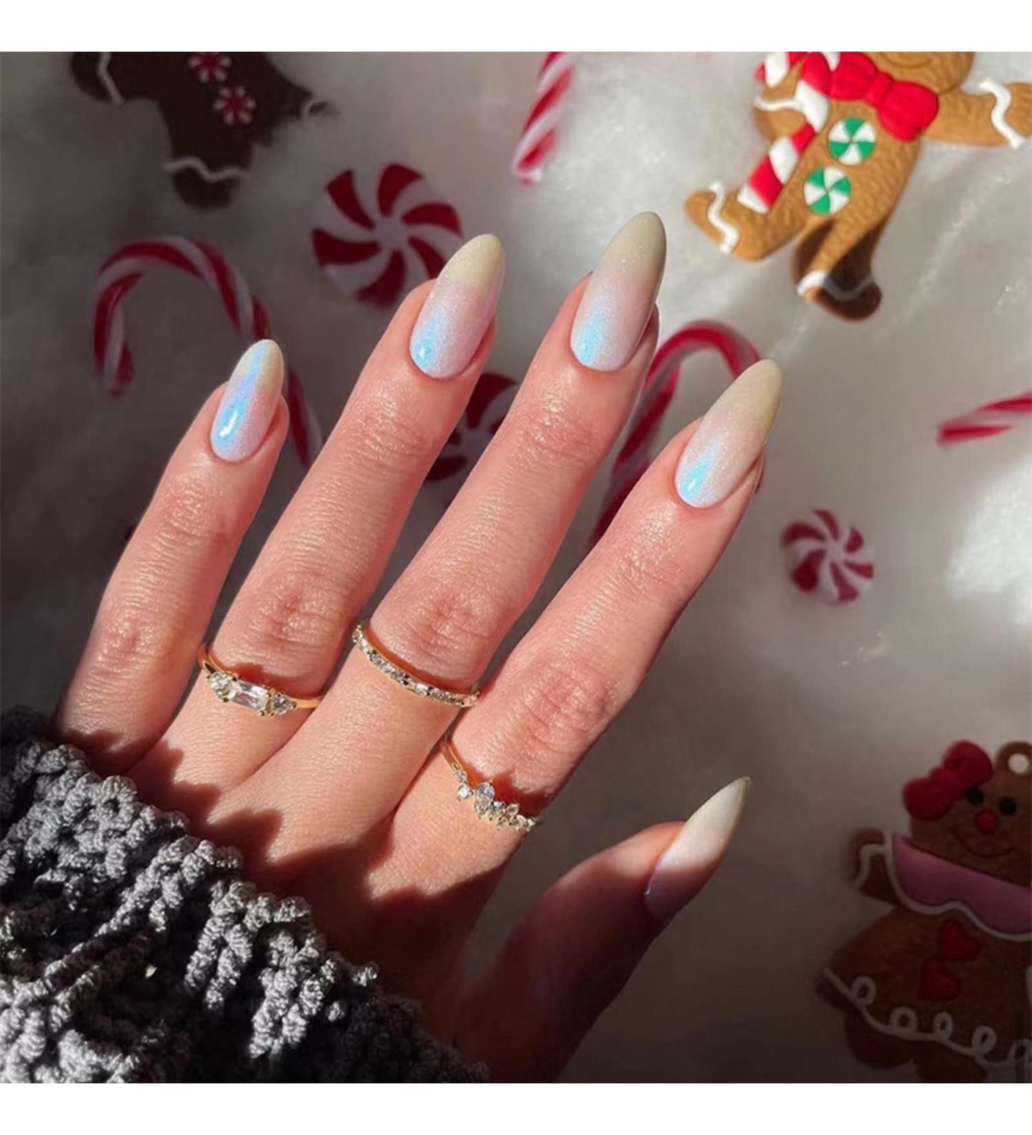 JUSTOTRY 24 Pcs Blue Almond Short False Nails Pattern Gold Glitter French Press on Nails Pretty Nude Fake Nails Short with Nail Glue Stiletto Medium Stick on Nails for Women gold &glitter1