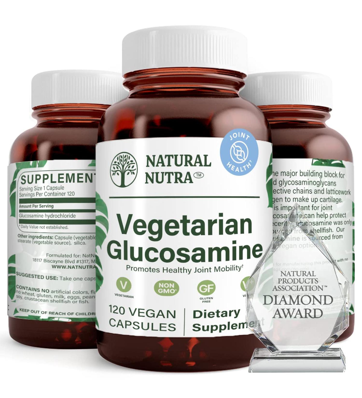 Natura Nutra Vegan Glucosamine Hydrochloride 750mg - Kosher, Shellfish Free, Plant Based Collagen Joint Support - 120 Capsules - Buy Online on GoSupps.com