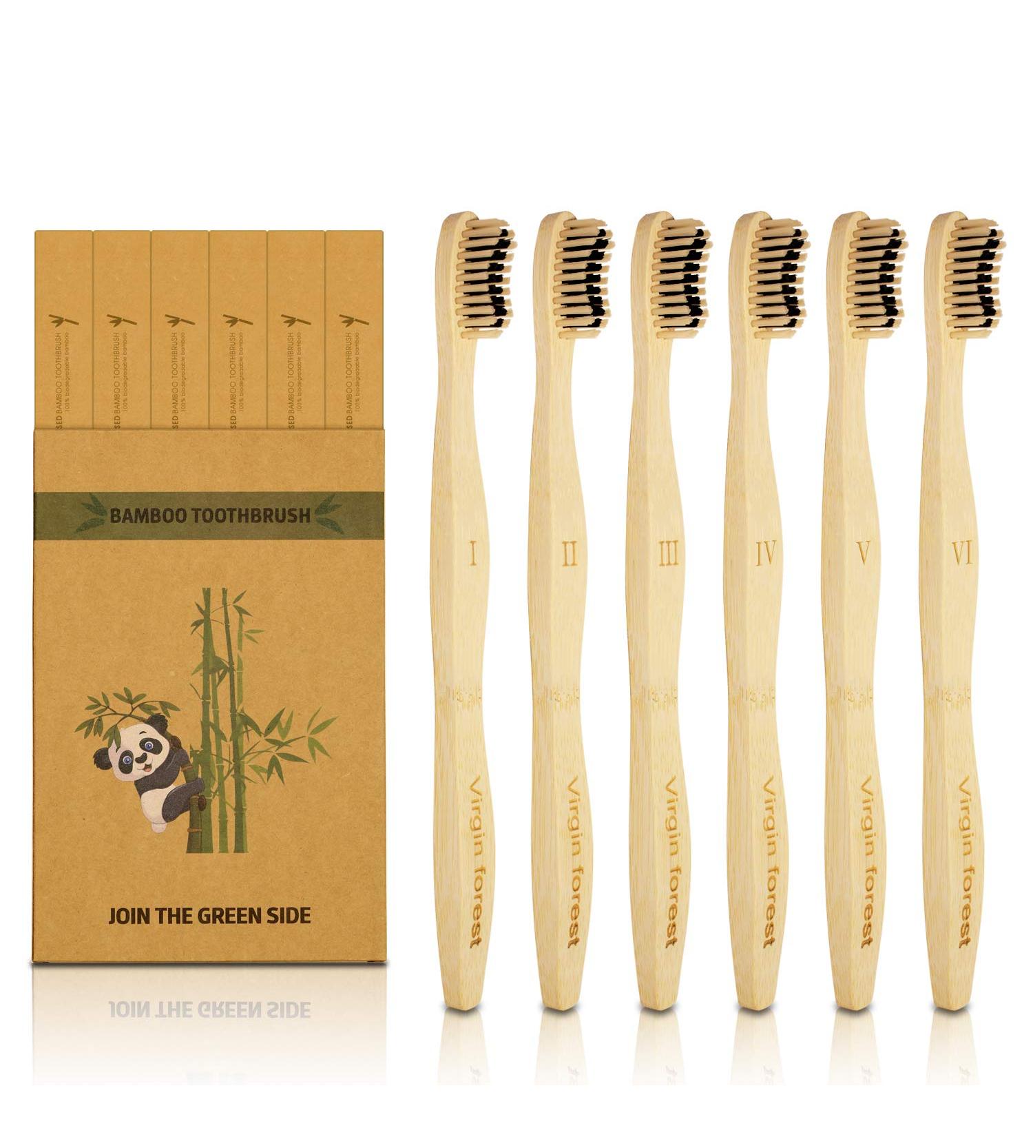 Eco-Friendly Bamboo Toothbrush Set - 6 Biodegradable Wooden Brushes with Soft Bristles | Large Handle Two-Color Design - Buy Online on GoSupps.com