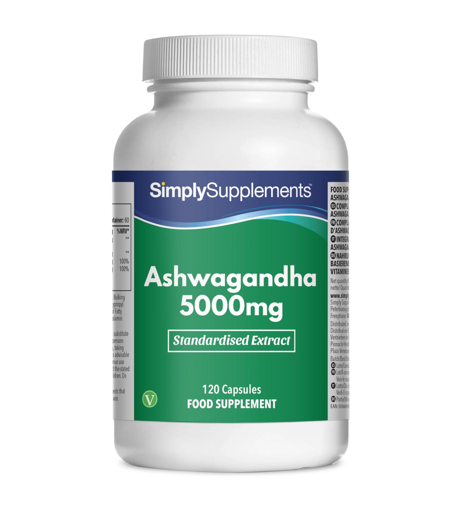 Ashwagandha 5000mg with Vitamin B6 & B12 | 25mg Withanolide | Reduces Fatigue | 120 Capsules 2 Months Benefits | Vegetarian & Vegan Friendly - Buy Online on GoSupps.com