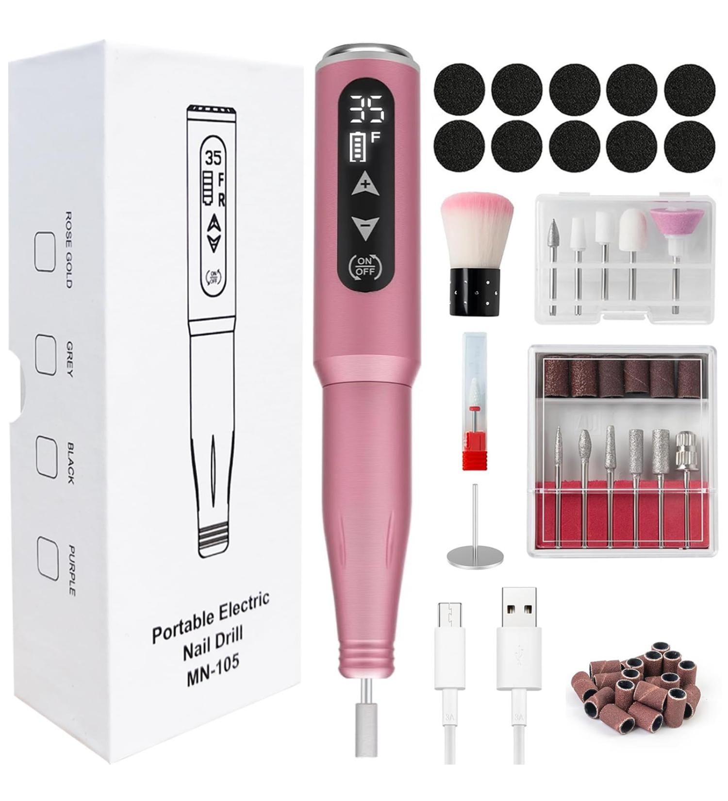 Professional Electric Nail Drill - 35 000RPM Rechargeable Cordless 13 in 1 Touch Control for Acrylic Gel and Pedicure - Portable Pink Nail Drill - Buy Online on GoSupps.com
