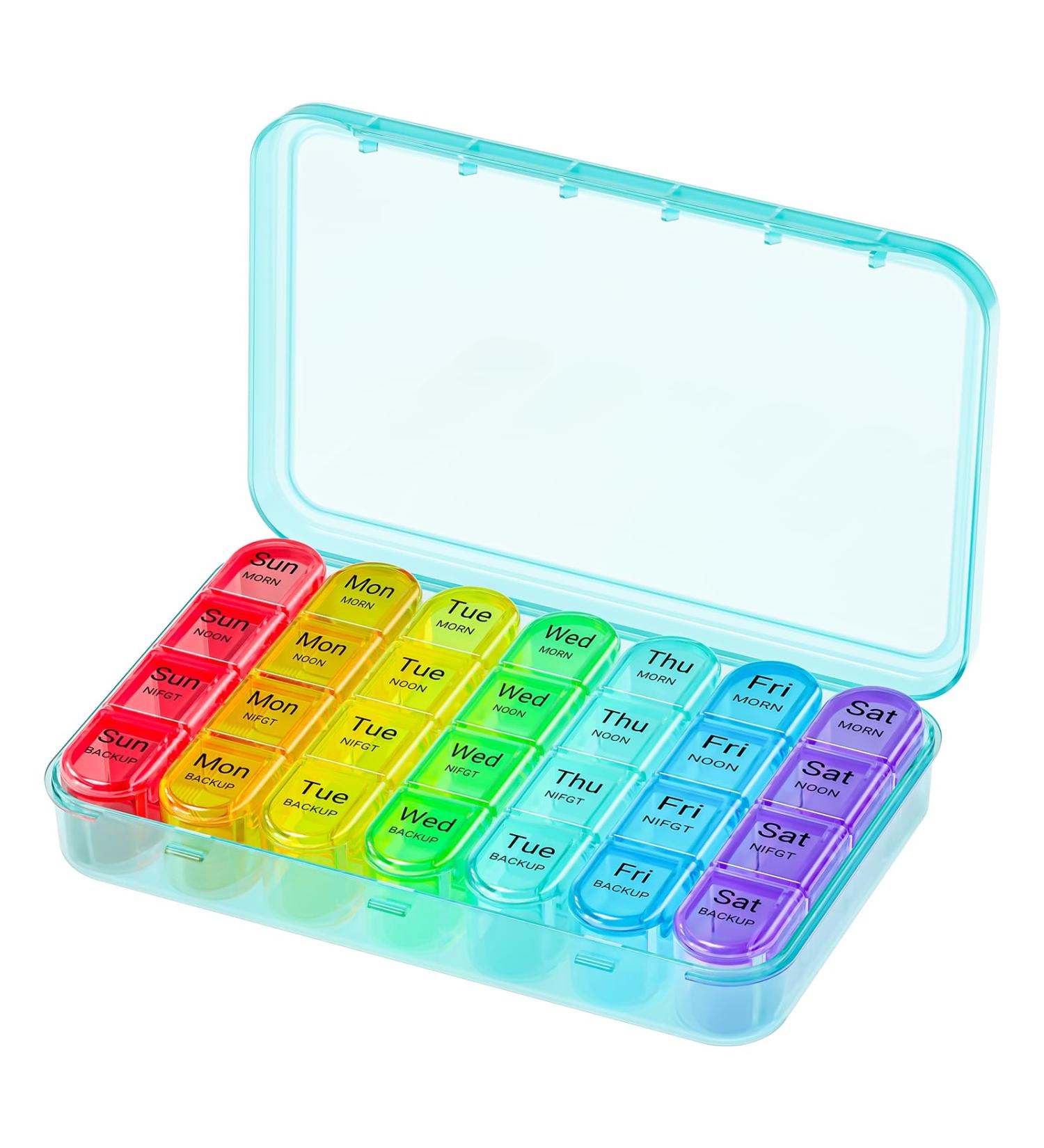 Pill Box 4 Times a Day 7 Days Pill Organiser Box with 28 Compartments Weekly Pill Case for Morning Noon Evening and Bed Time (Cyan) - Buy Online on GoSupps.com