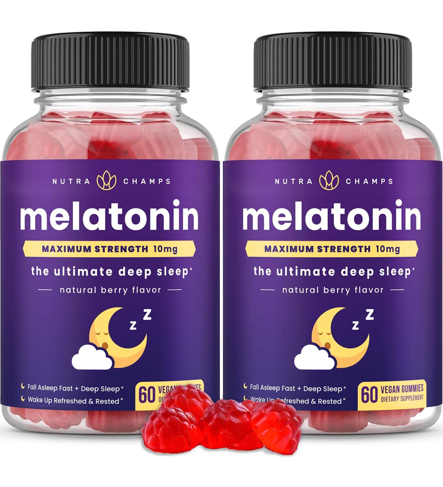 2-Pack Melatonin Gummies for Adults | Extra Strength 5mg or 10mg Sleep Aid Vitamins | Vegan Strawberry Flavor | Promotes Healthy Sleep Cycles | 120 Gummies - Buy Online on GoSupps.com
