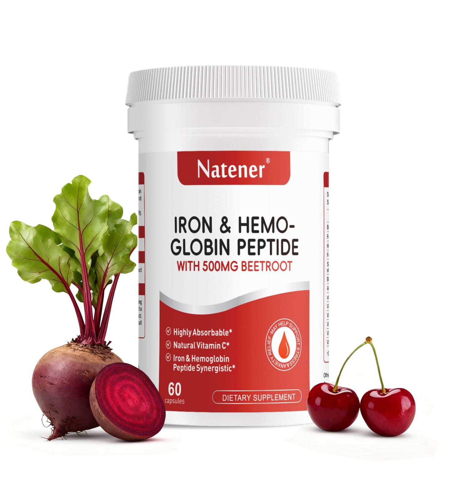 Natener 36mg Iron Supplement with 500mg Beetroot Quad Chelated Iron & Hemoglobin Peptide Synergistic - Enhanced Absorption without Gastrointestinal Side Effects* Support Anemia Hemoglobin* 60 caps - Buy Online on GoSupps.com