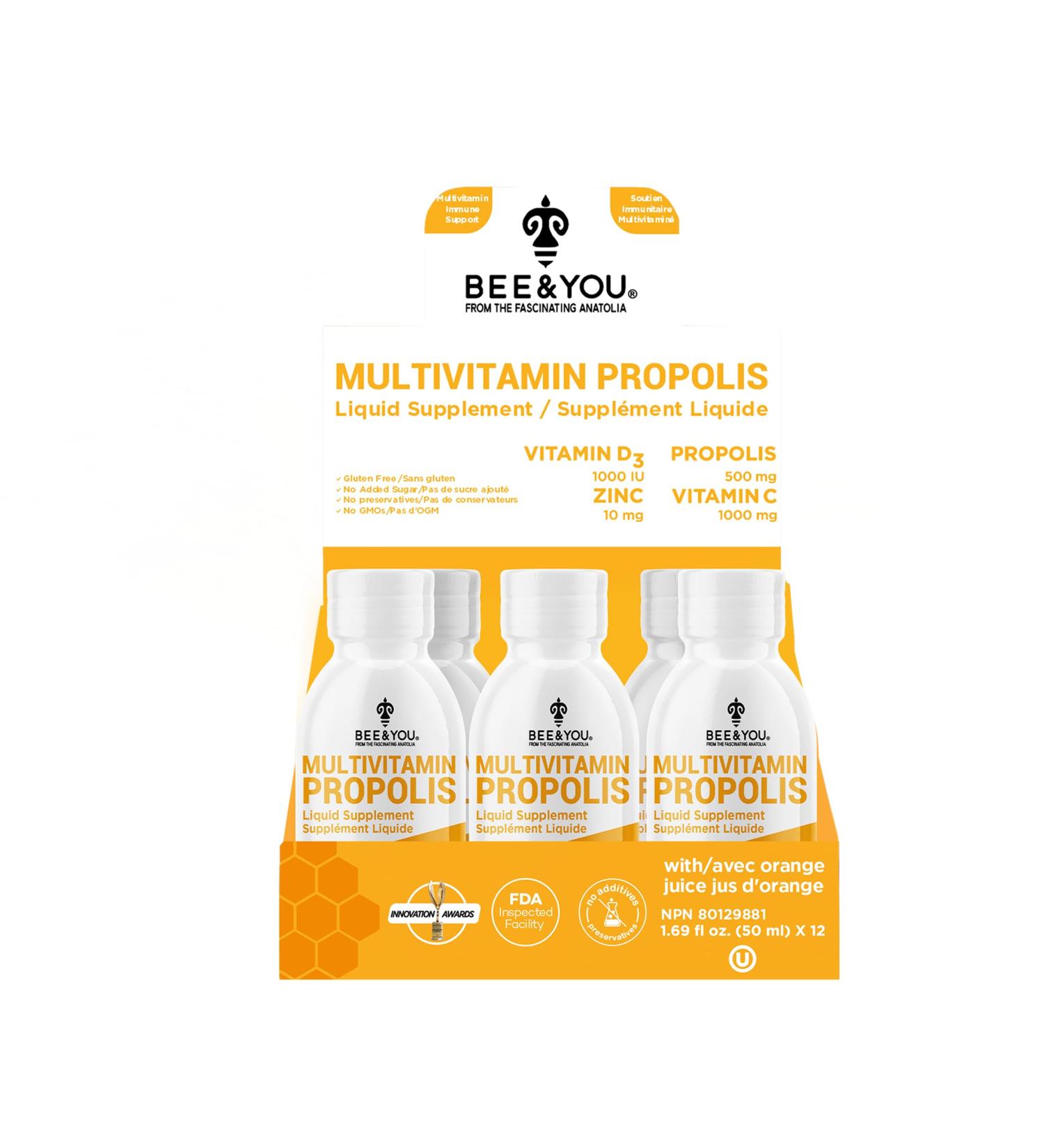 BEE and You 100% Natural Propolis Extract Shot Immune Support Supplement Antioxidants Vitamin C D3 Zinc Orange Juice Raw Honey 50 ml 12 Pack for Men and Women - Buy Online on GoSupps.com
