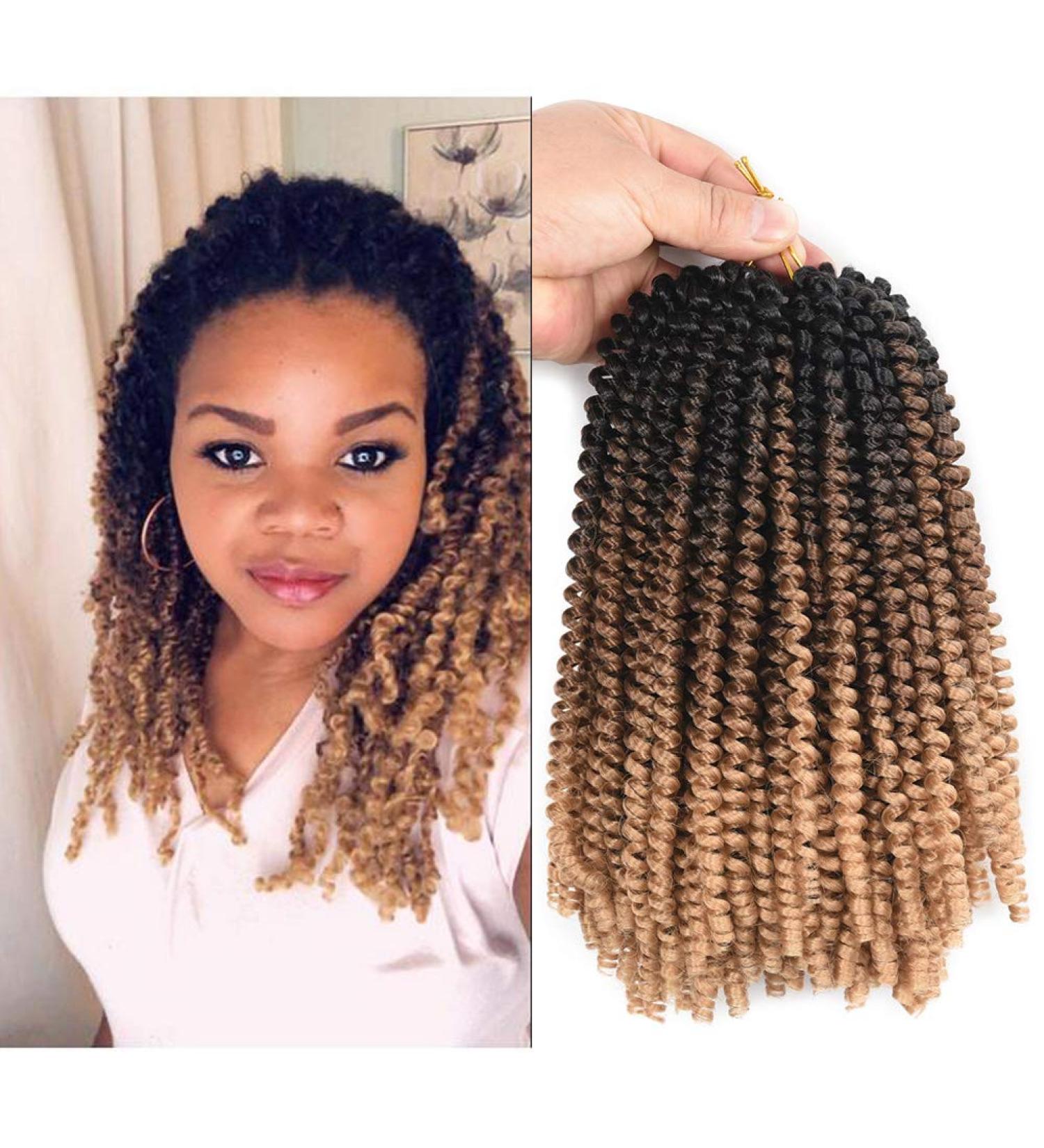 Spring Twist Crochet Hair 8 Inch - 3 packs of Bomb Twist Fluffy Ombre Braiding Hair Extensions in Black/Brown/Light Brown - Afro Curly Synthetic Braids - Buy Online on GoSupps.com