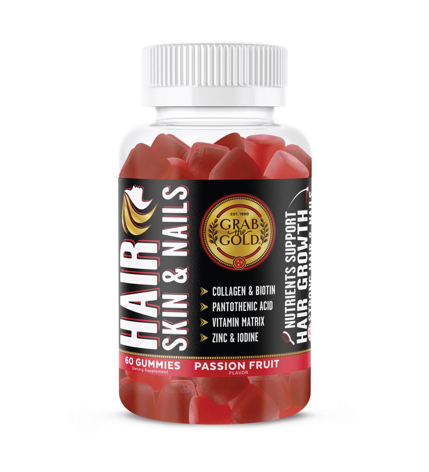 Grab The Gold Hair Skin & Nails Vitamins for Women | Gummies with 6000mcg Biotin & Collagen | 10 Essential Vitamin & Minerals | Gluten-Free Non-GMO Passion Fruit Flavor | 1 Month Supply - Buy Online on GoSupps.com