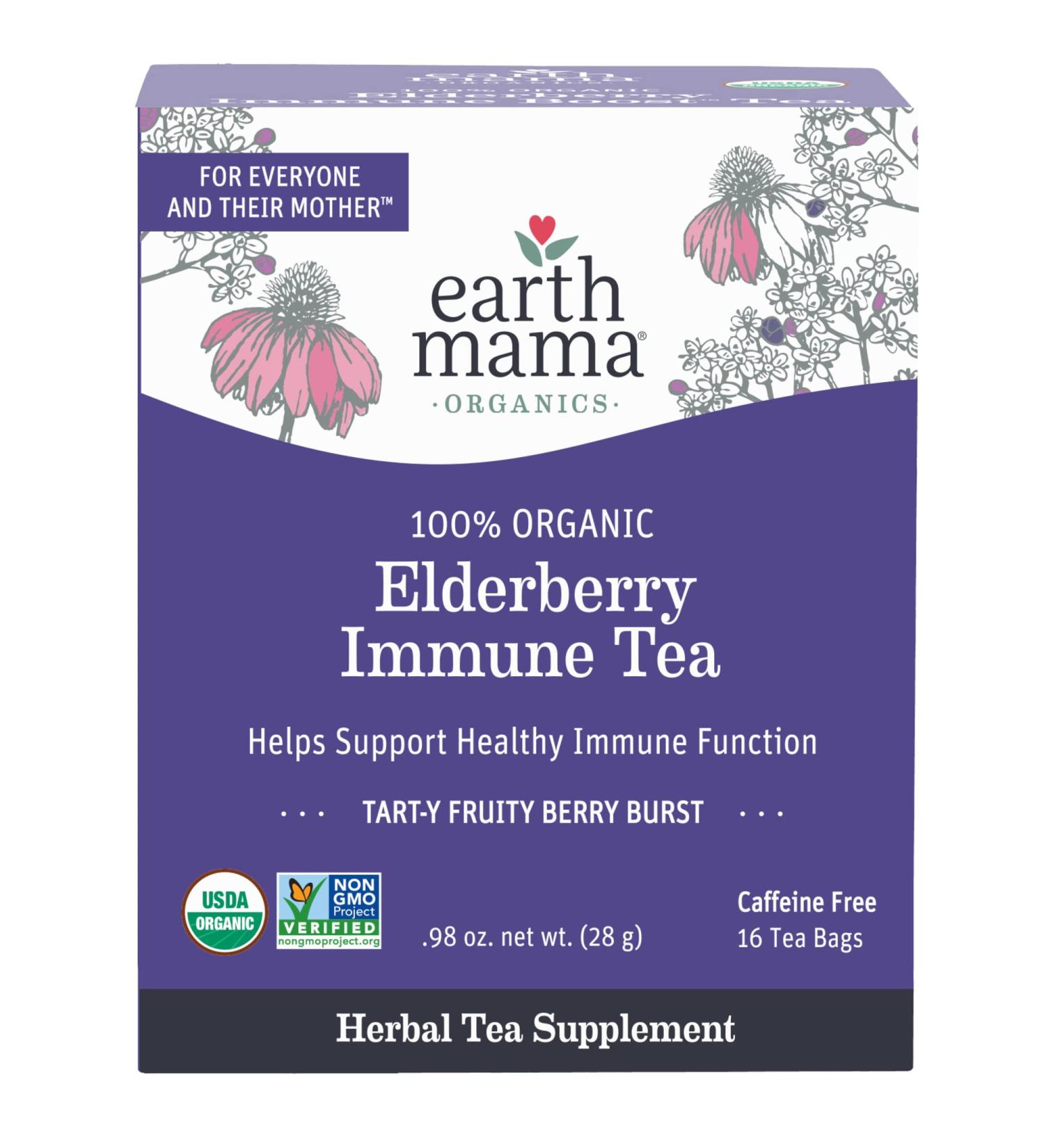 Earth Mama Organic Elderberry Immune Tea with Echinacea - Pregnancy & Family Safe | Decaf Tea with Ginger & Rooibos - 16-Count - Buy Online on GoSupps.com