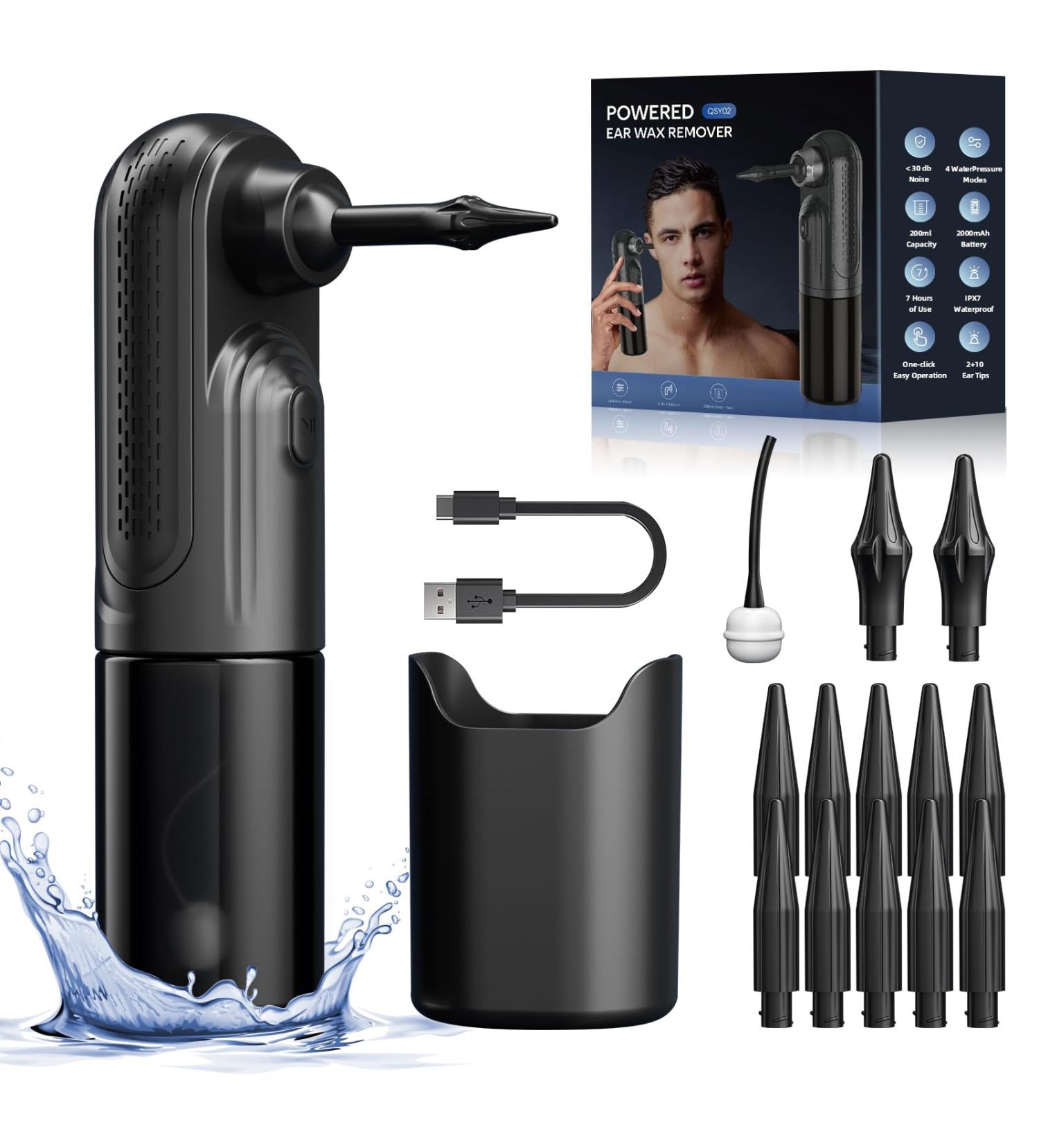 Electric Ear Wax Removal Tool - Rechargeable Ear Cleaner with 4 Pressure Modes & 10+2 Tips for Safe Ear Irrigation - Buy Online on GoSupps.com