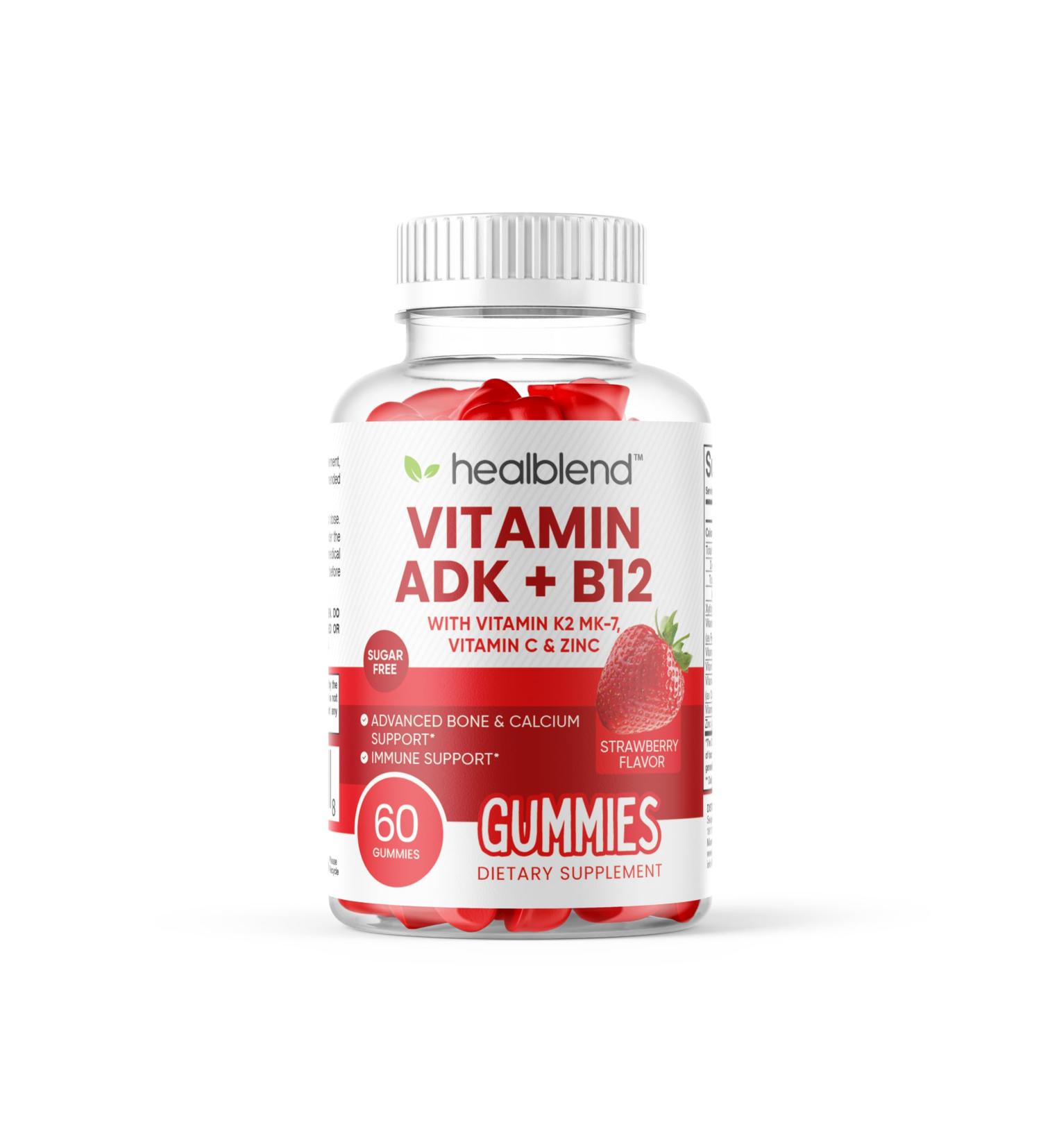 healblend Vitamin ADK + B12 Gummies - High Potency Vitamin D3 10000 IU K2 MK-7 Vitamin A & B12 5000mcg - Immune Bone & Energy Support Supplement - Strawberry Flavor 60 Gummies (1)