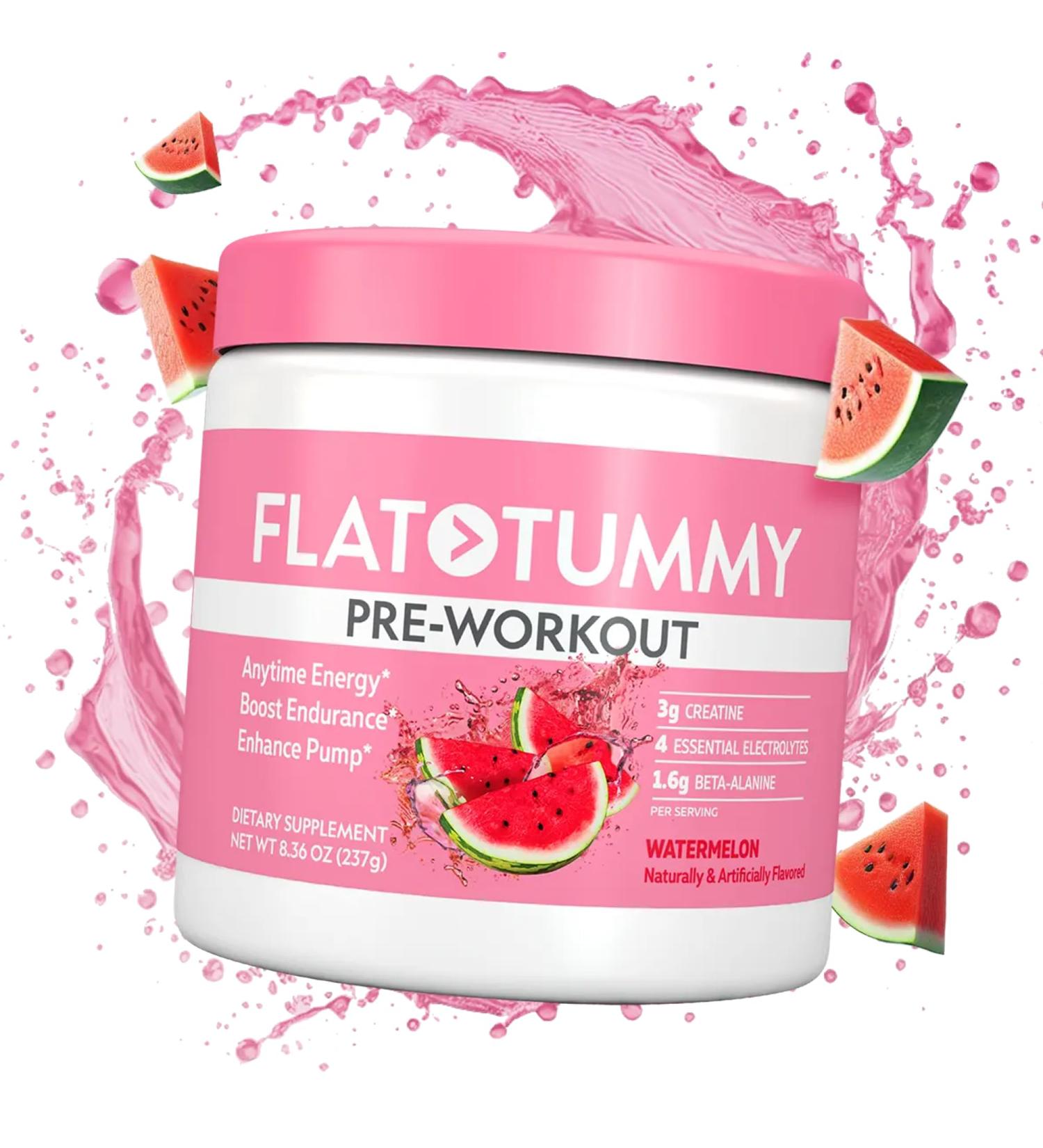 Flat Tummy Pre Workout Powder for Women Energy Endurance and Muscle Support with 3g Creatine 1.6g Beta-Alanine Electrolytes Watermelon Flavor 30 Servings - Buy Online on GoSupps.com