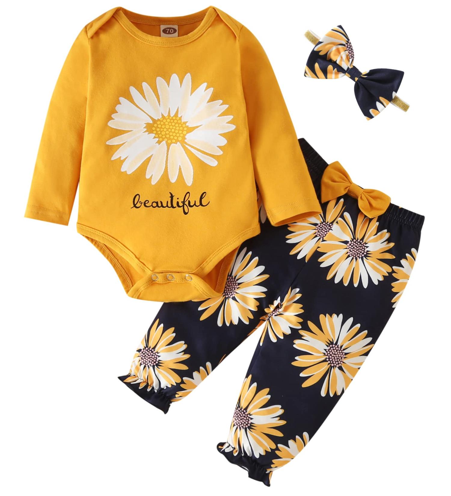 Koonde Baby Girl 3-Piece Outfit Set | Romper, Trouser & Headband | Yellow + Navy | Newborn-24 Months - Buy Online on GoSupps.com