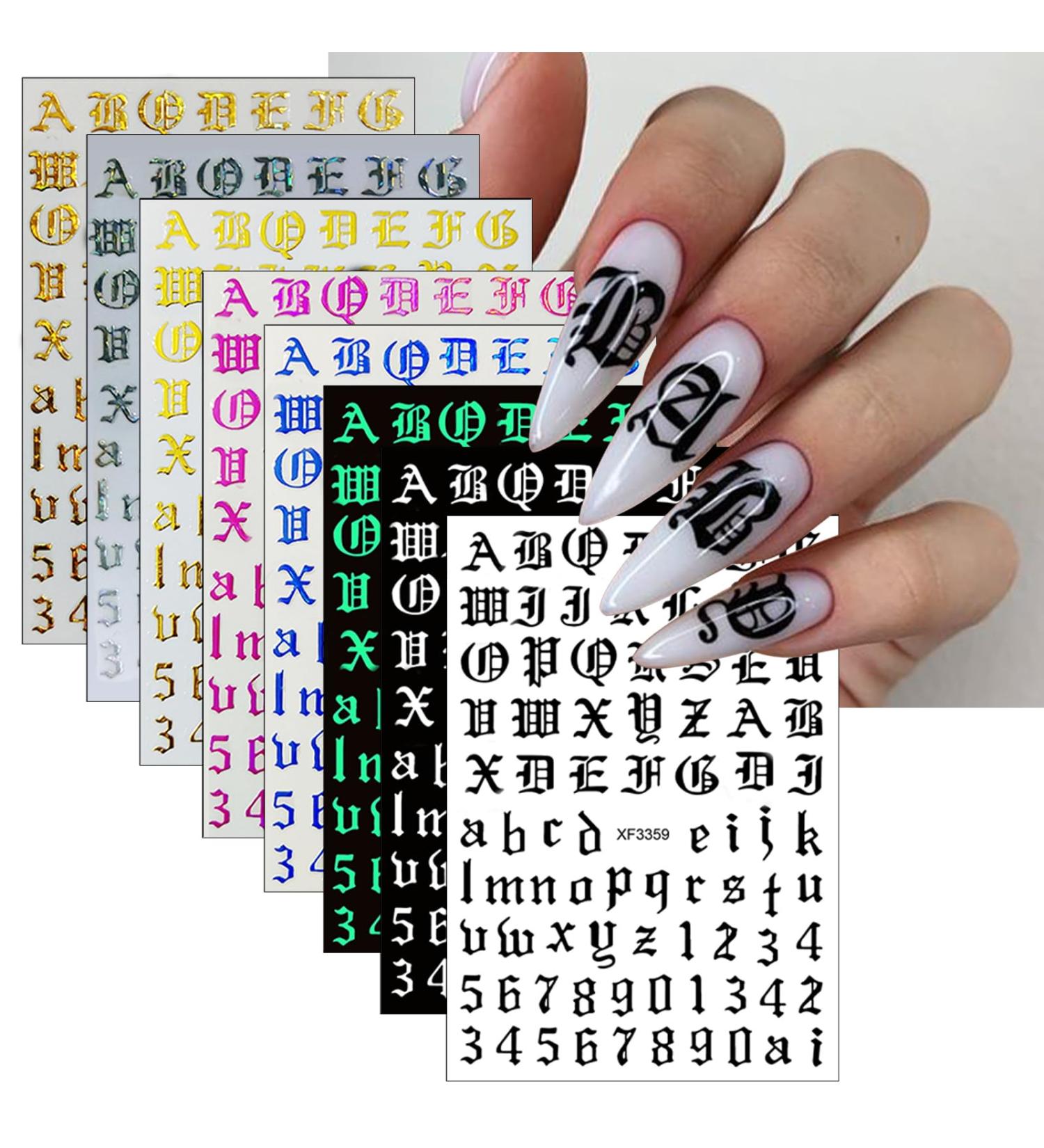 Old English Nail Stickers - 8 Sheets Holographic 3D Alphabet Decals for DIY Manicure | Self-Adhesive Nail Art Supplies | Nail Design for Women & Girls - Buy Online on GoSupps.com