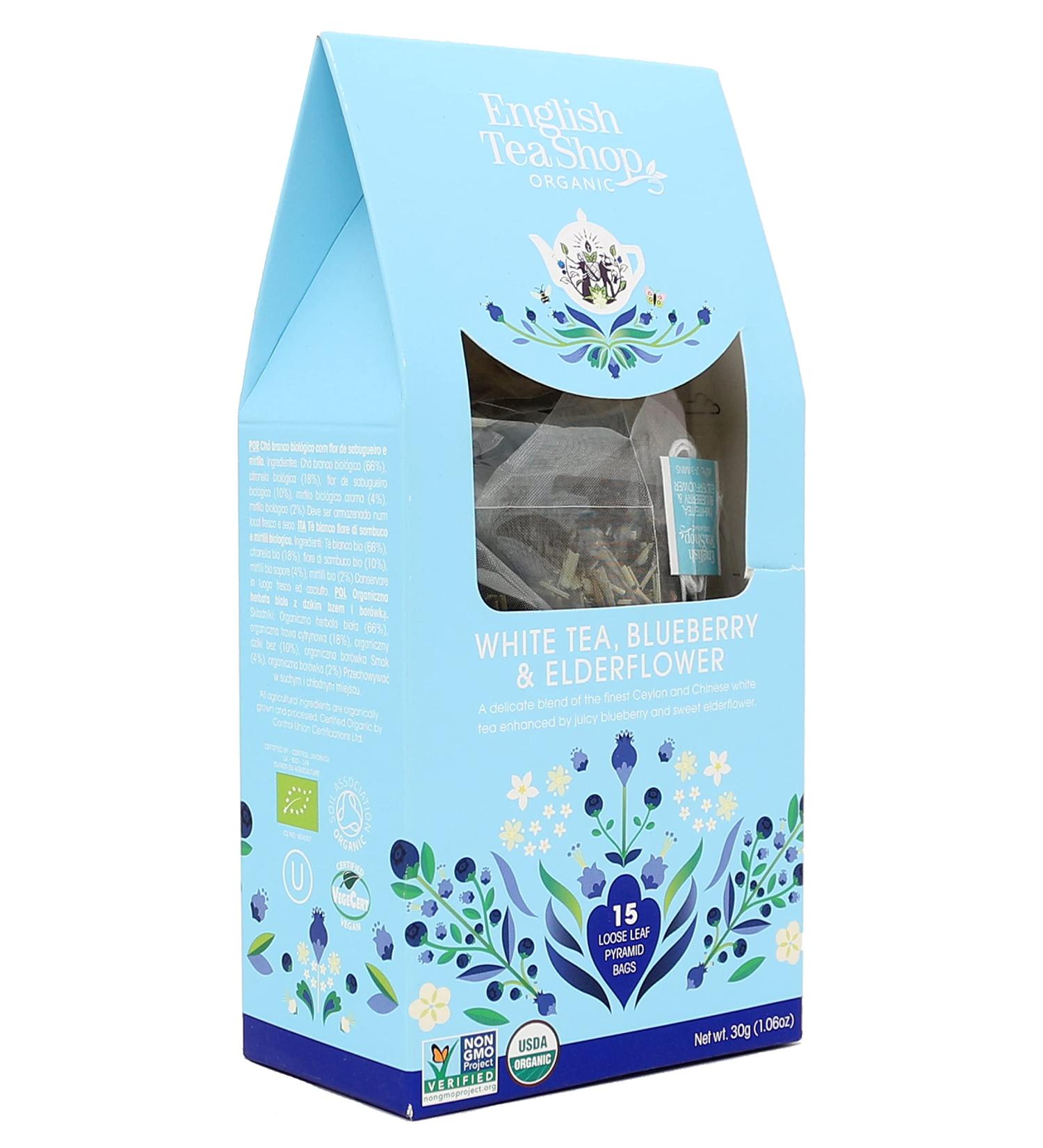 English Tea Shop Organic White Tea Blueberry & Elder Flower Loose Leaf - 15 Pyramid Tea Bags - Buy Online on GoSupps.com