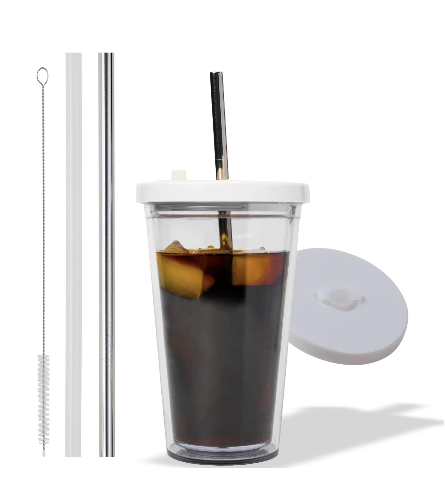 24 Oz Reusable Iced Coffee Cup with Leak Proof Double Wall Insulation - Includes Plastic & Metal Straws and Cleaner - Buy Online on GoSupps.com