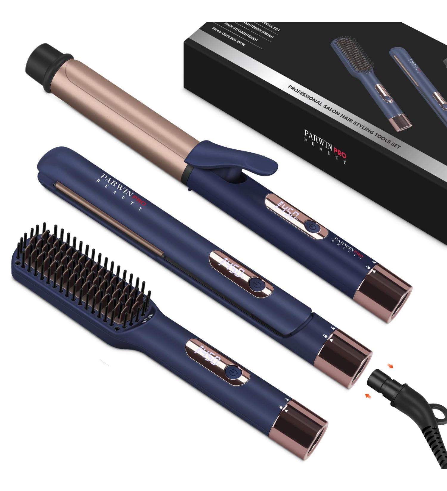 Hair Straightener and Curler - PARWIN PRO BEAUTY 1 Flat Iron & 1.25" Curling Iron Brush | Instant Heat LED Temp Control Detachable Cord - Perfect for Gifts & Travel in Prussian Blue - Buy Online on GoSupps.com