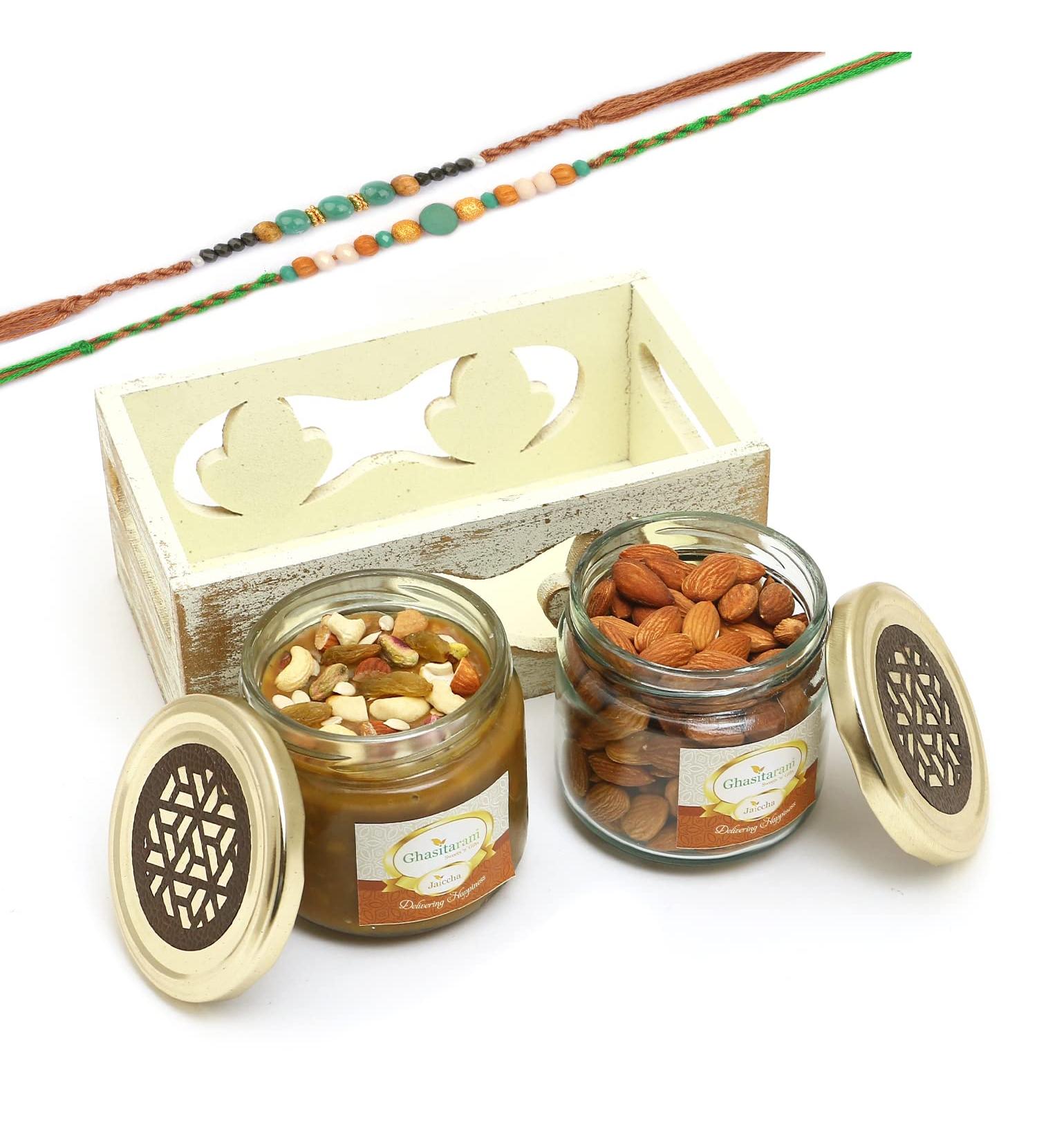 Ghasitaram Gifts Rakhi Gifts for Brothers White Wooden Tray of 2 Jars of Dryfruit Halwa and Almonds with 2 Green Beads Rakhis Tray of 2 Jars Dryfruit Halwa Almonds with 2 Rakhi - Buy Online on GoSupps.com