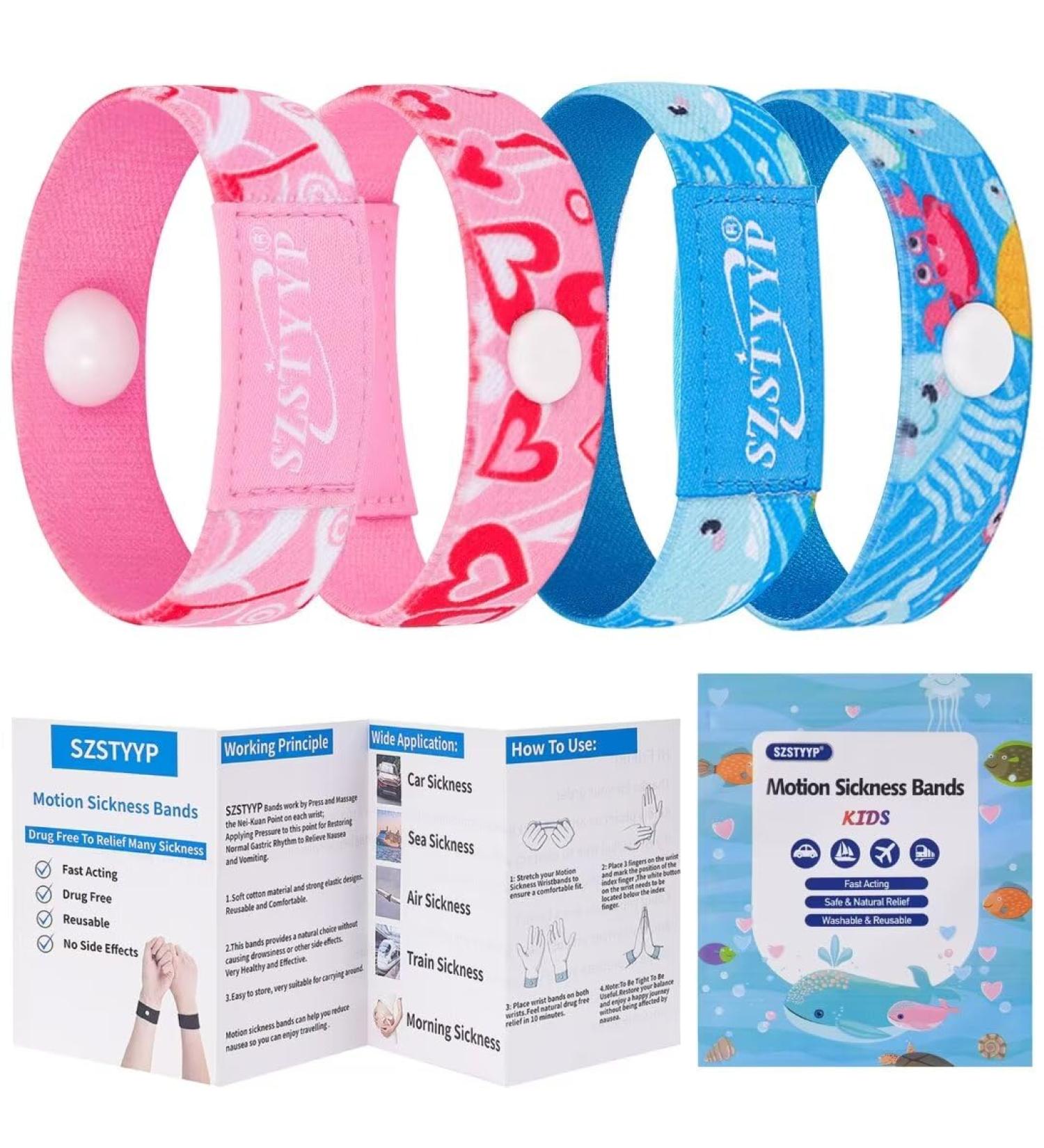 SzStyype Motion Sickness Bands for Kids | All-Natural Travel & Sea Sickness Wristbands | Cruise Essential | Ocean Blue & Heart Pink - M Size - Buy Online on GoSupps.com