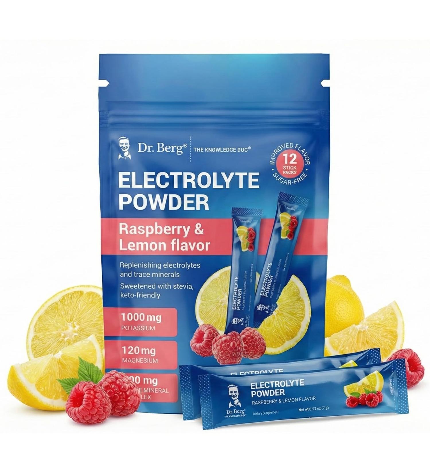 Dr. Berg (Improved Flavor) Sugar-Free Electrolyte Powder Packets with 1000 mg Potassium | Hydration Packets | Keto Electrolytes for Energy Recovery & Daily Hydration | 12 Electrolyte Stick Packs - Buy Online on GoSupps.com