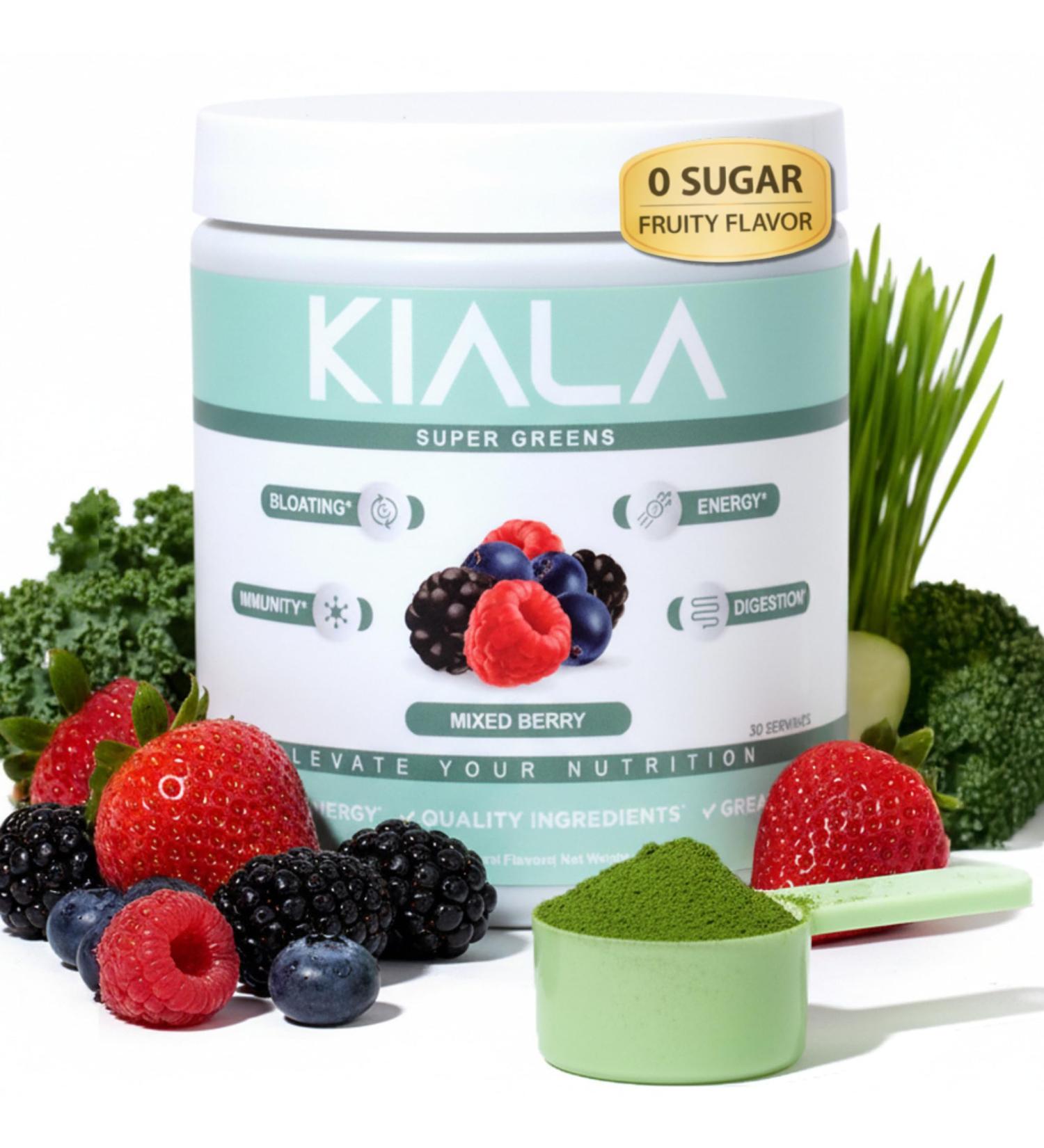 Kiala Nutrition Super Greens Organic Greens Powder with Spirulina & Chlorella for Digestion Gut Health Immunity Adaptogens Energy Gluten Free Vegan Sugar Free Mixed Berry 30 Servings - Buy Online on GoSupps.com