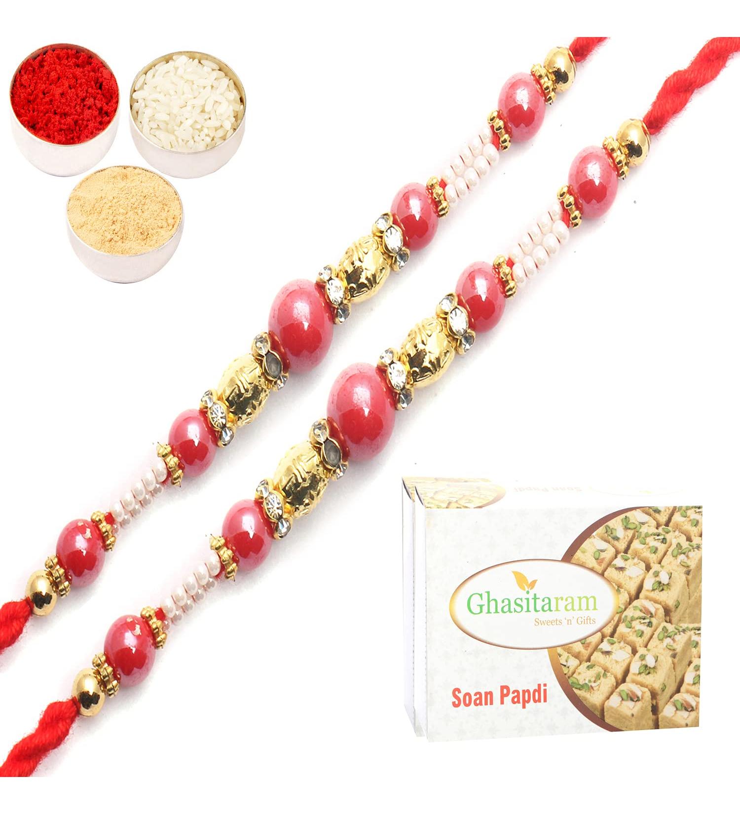 Ghasitaram Gifts Rakhi for Brother Rakhis Online-Set of 2-7017 Fancy Thread Rakhi with 200 GMS of Soan Papdi - Buy Online on GoSupps.com