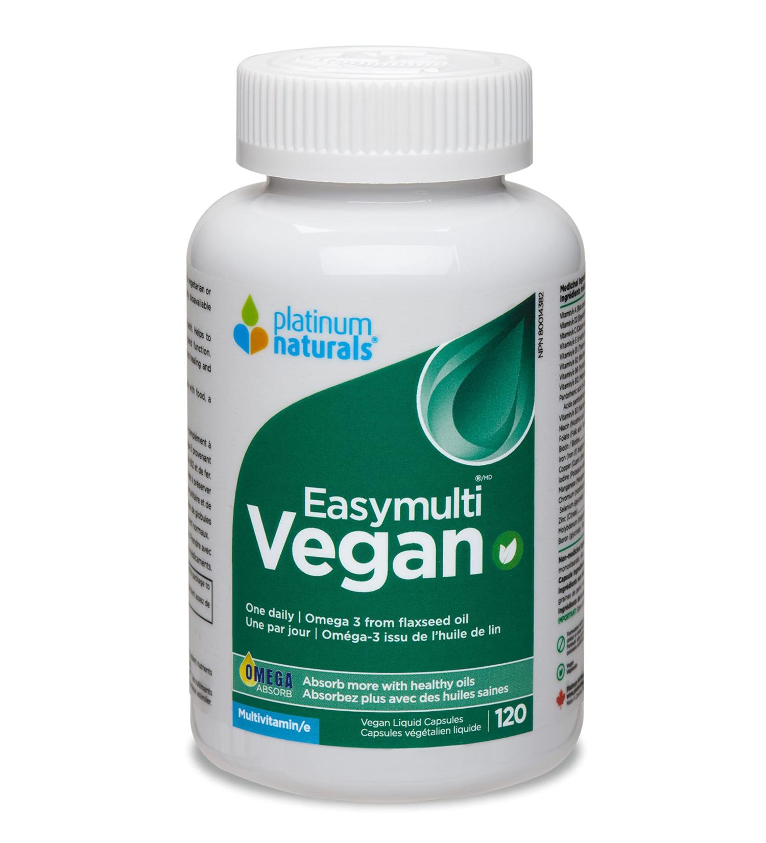 Platinum Naturals Easymulti Vegan 120 Vegan Liquid Capsules - Complete Multivitamin for Men & Women Includes Omega 3 Flaxseed Oil Enriched with B1 B2 B3 B5 B6 B12 Vitamin C Iron & Zinc 120 count (Pack of 1) - Buy Online on GoSupps.com