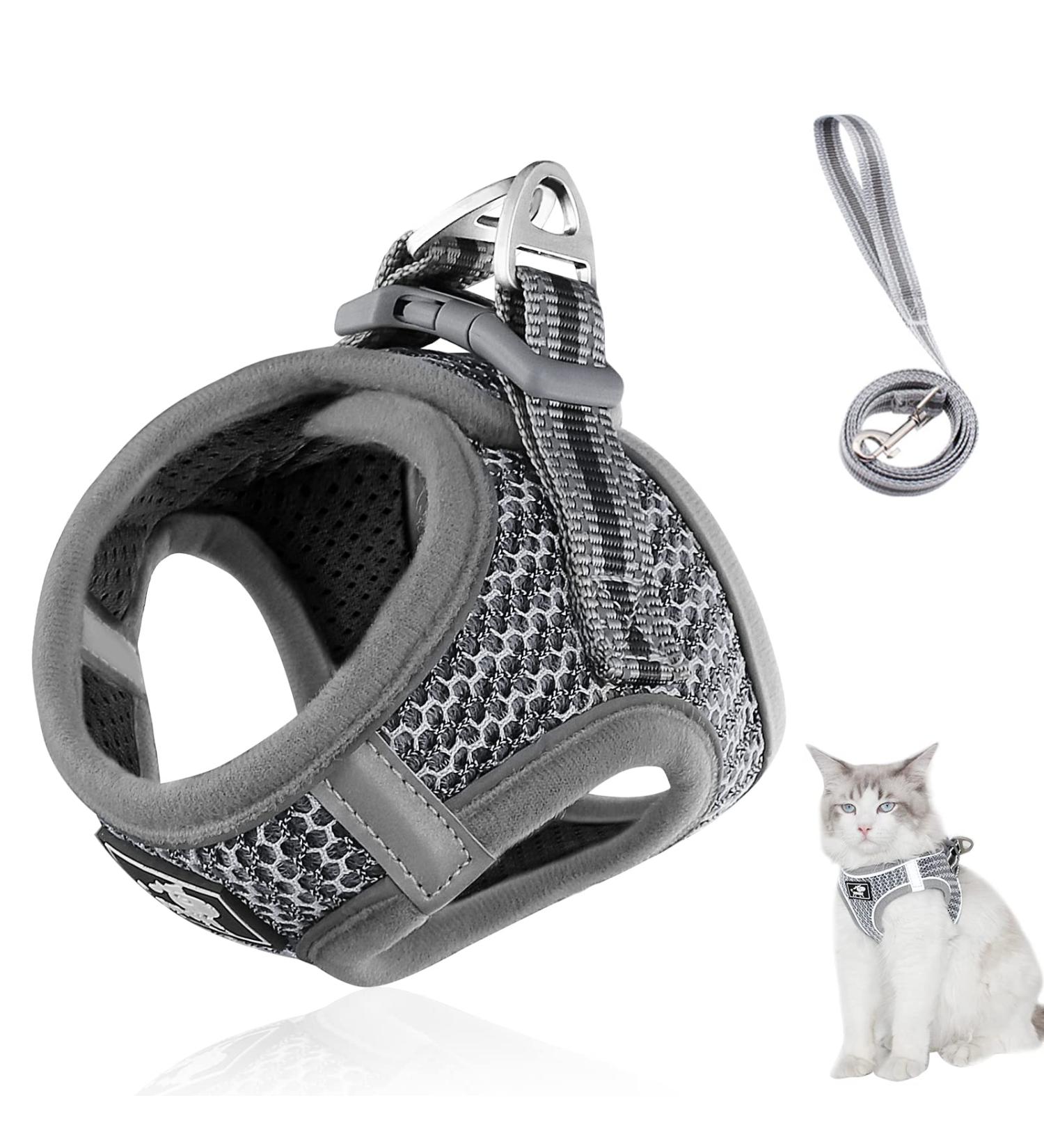 Cat Harness and Lead Set Adjustable Soft Reflective Kitten Harness Escape Proof Cat Kitten Walking Vest with Leash (Grey S) S Grey - Buy Online on GoSupps.com