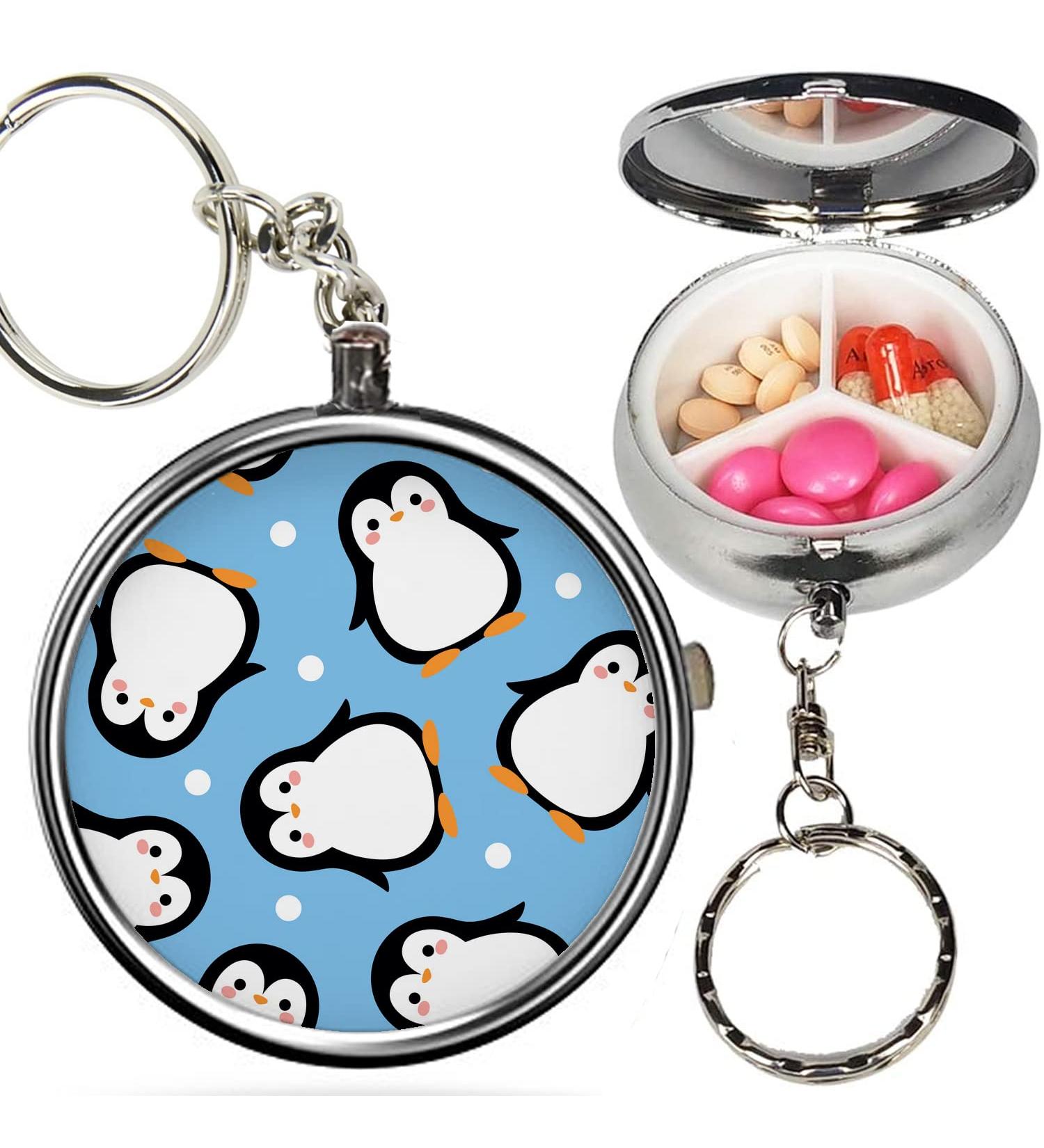 Pack of 2 - Portable Pill Organizer ( Cute Penguin Cartoon ) Metal Medicine Box 3 Compartment Stash Vitamin Meds Case with Keychain