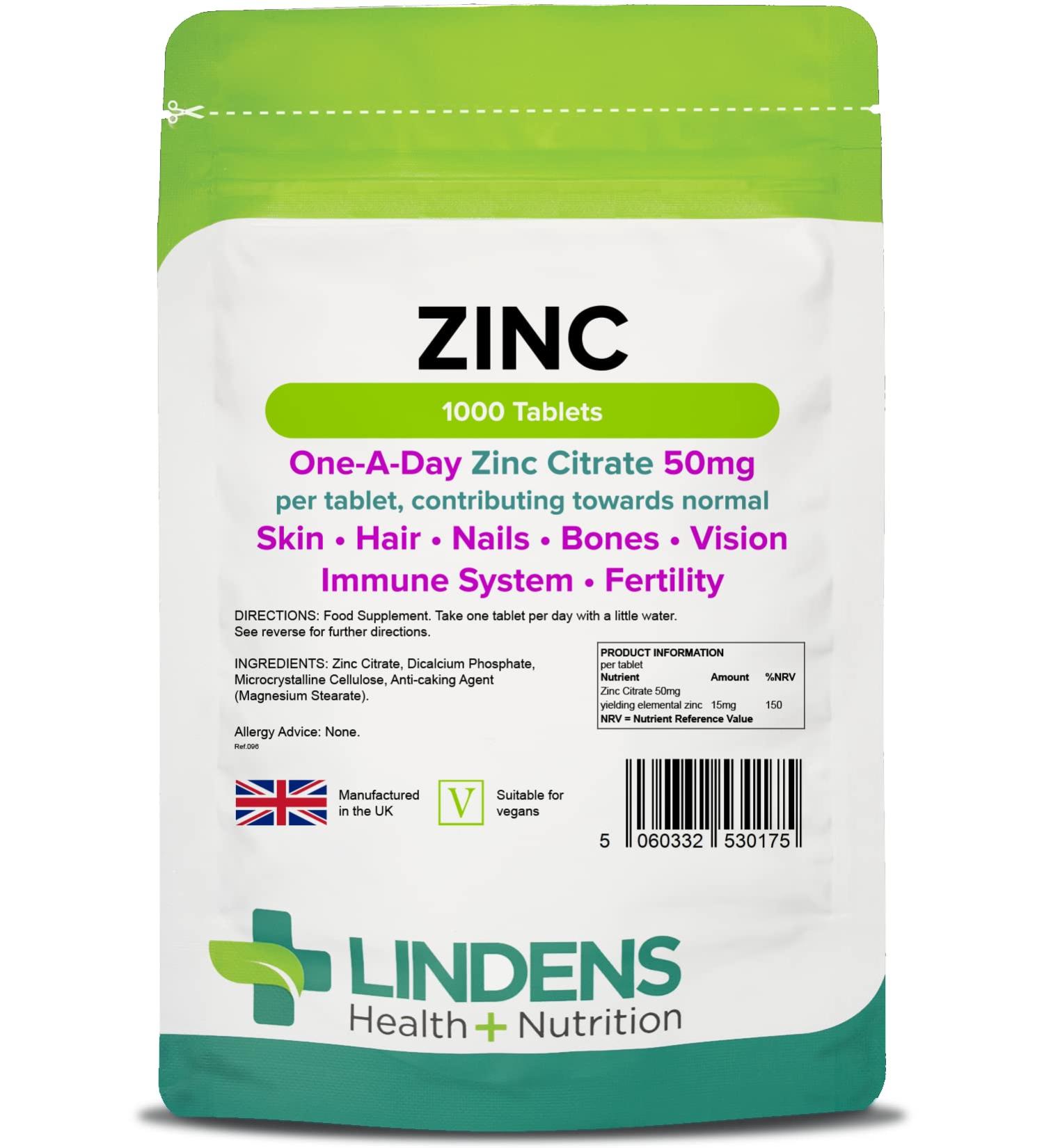 Lindens Zinc Citrate 50mg Tablets - 1000 Pack | High Strength 150% NRV Dose | Supports Skin, Hair, Nails, Bones, Vision, Immune System & Fertility | 1000 Count - Buy Online on GoSupps.com
