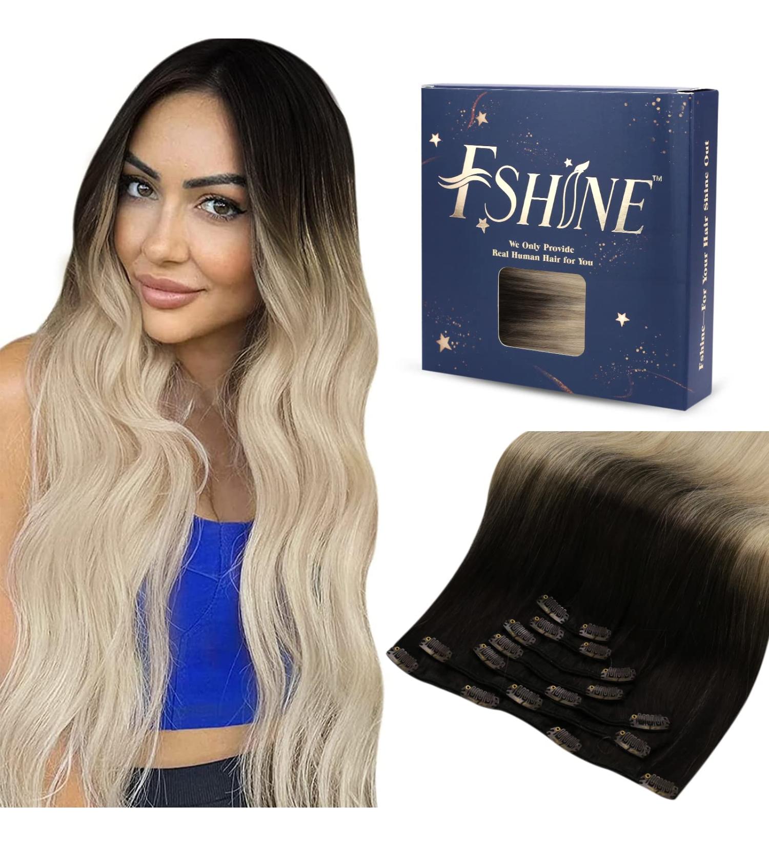 FSHINE Clip-In Extensions | Real Hair Balayage Brown to Ash Blonde Platinum | 45cm 120g 7 Pieces - Buy Online on GoSupps.com