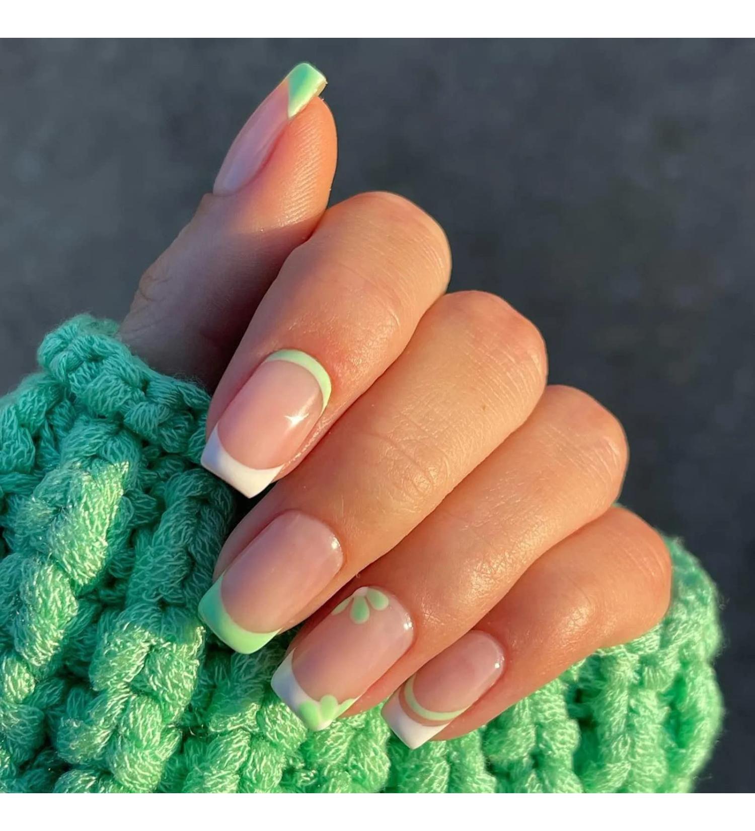 JUSTOTRY 24 Pcs Green Floral Square Short False Nails with Glue - Cute Press On Nails for Women - Buy Online on GoSupps.com