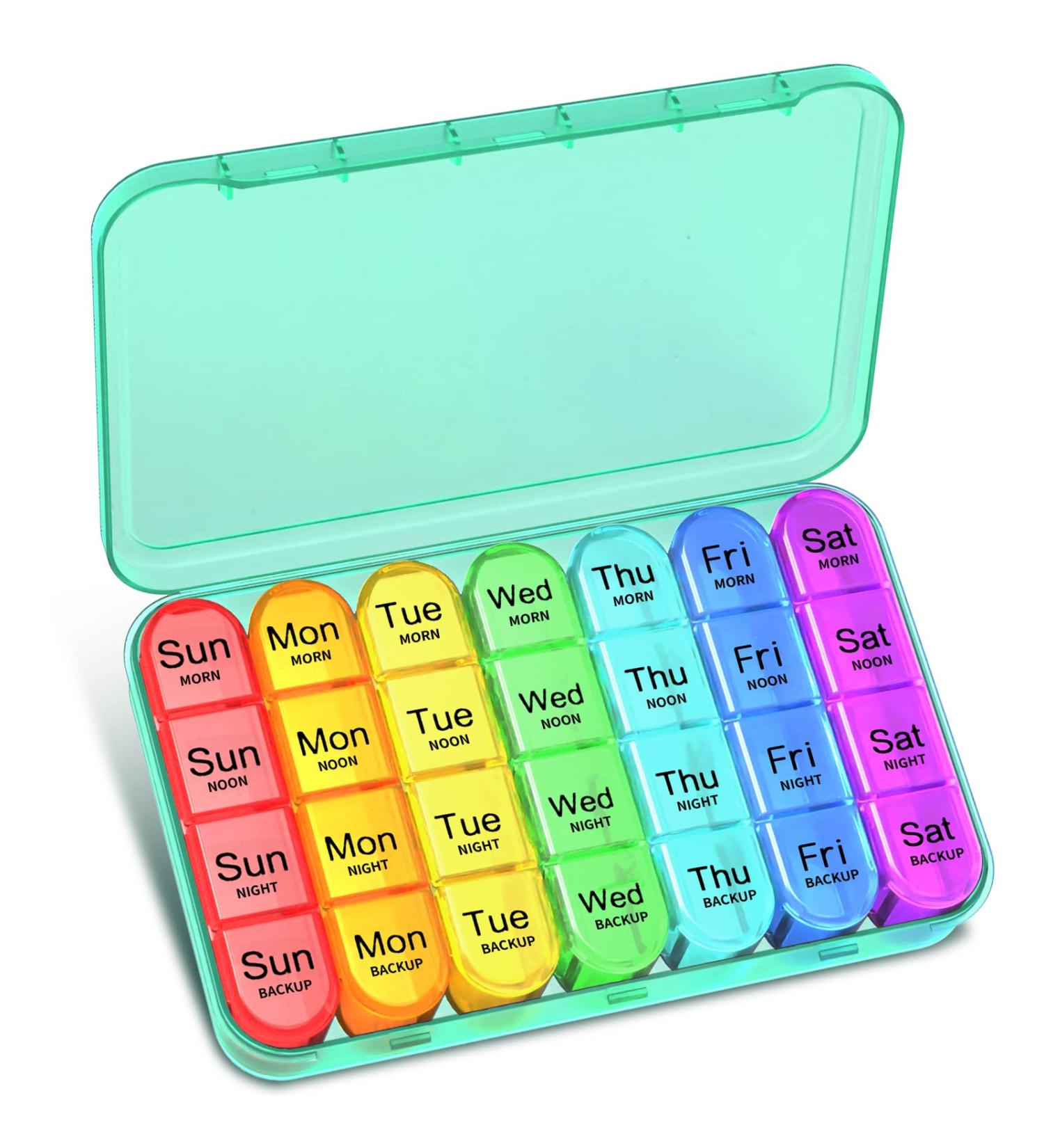 Betife Weekly Pill Box Organizer - 7 Day 4 Compartment Daily Dispenser for Medication, Vitamins and Supplements (Cyan) - Buy Online on GoSupps.com